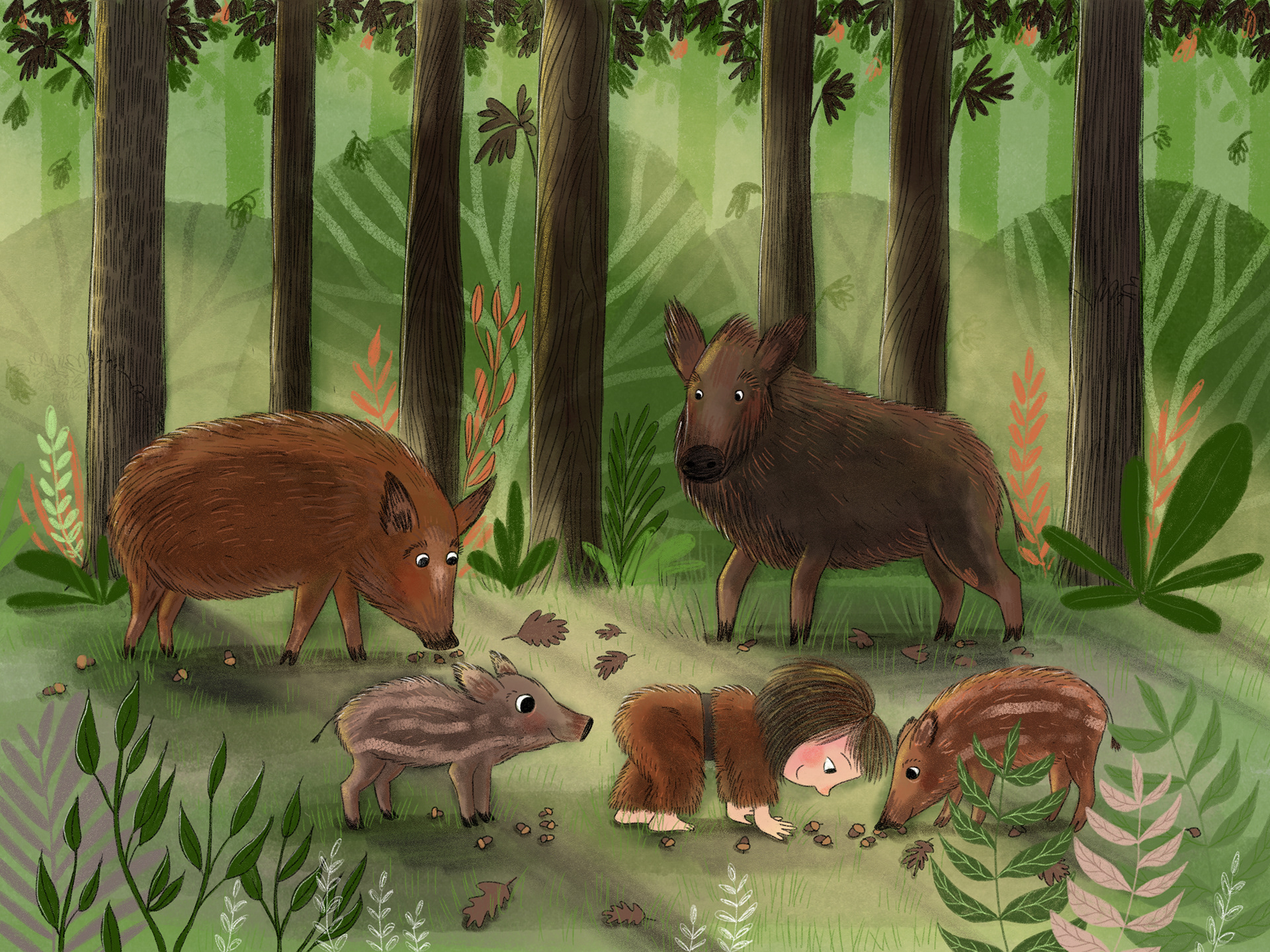 Eine Wildschweinfamilie und ein kleines Kind suchen im Wald nach Eicheln