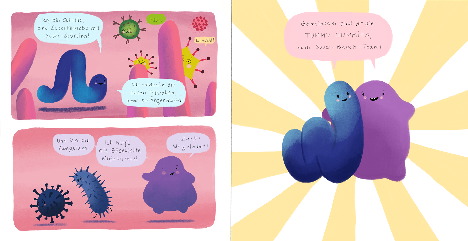 Doppelseite Die Reise der TummyGummies Kinderbuch für Fairment von Raphaela Dogan, die Mikroben spüren böse Erreger auf