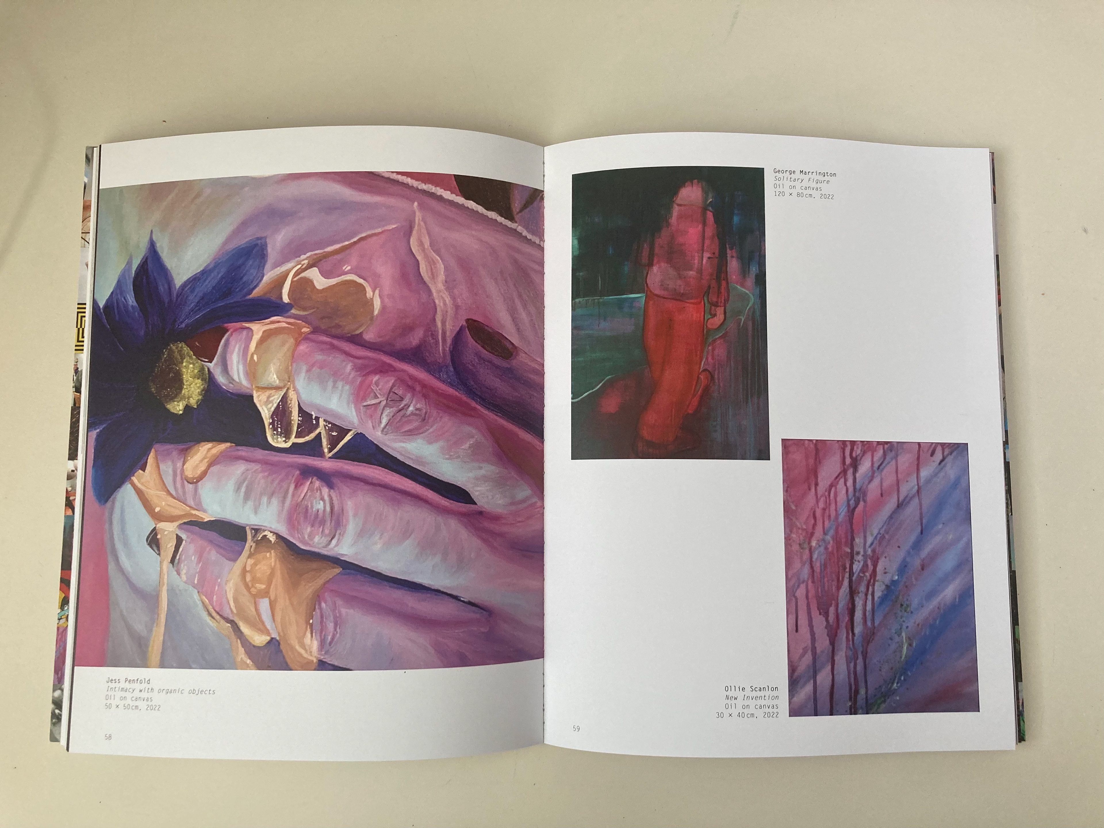 A printed spread from the publication showing ‘pink’ pieces of art