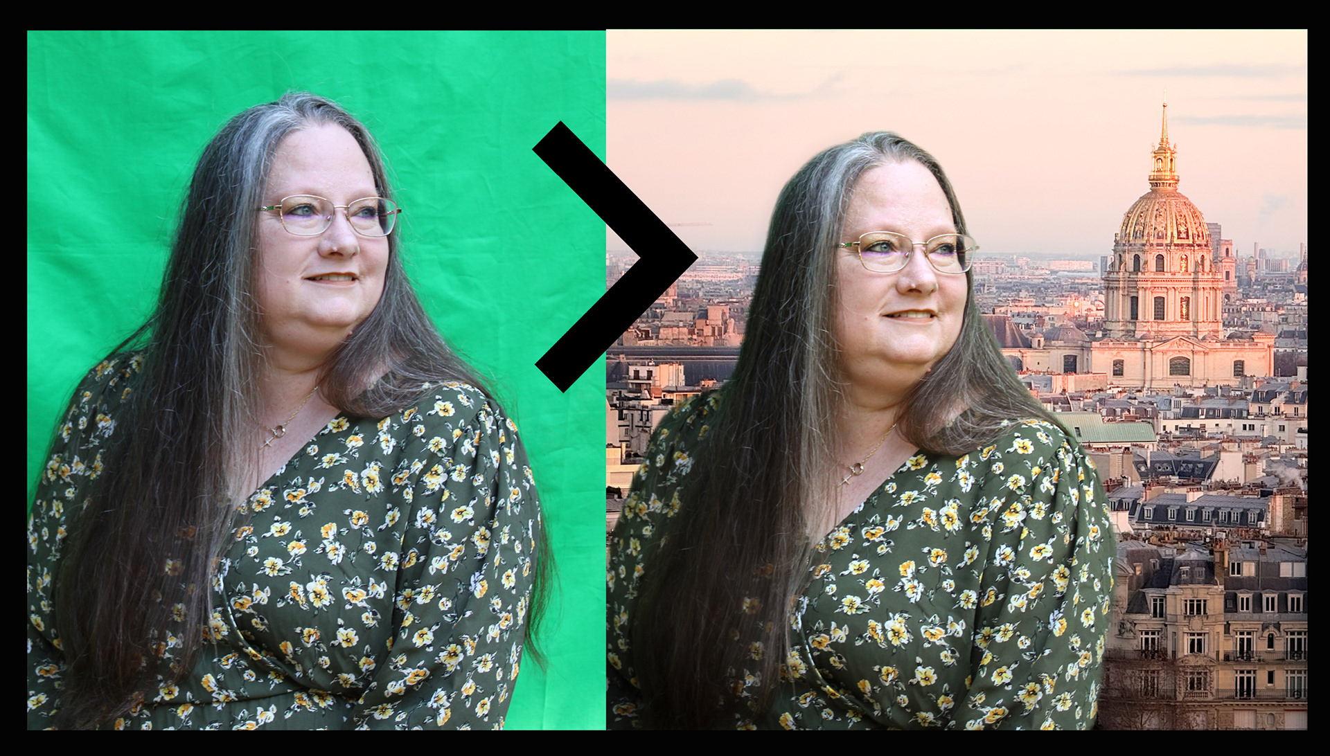 Greenscreen to finished composite, stock background