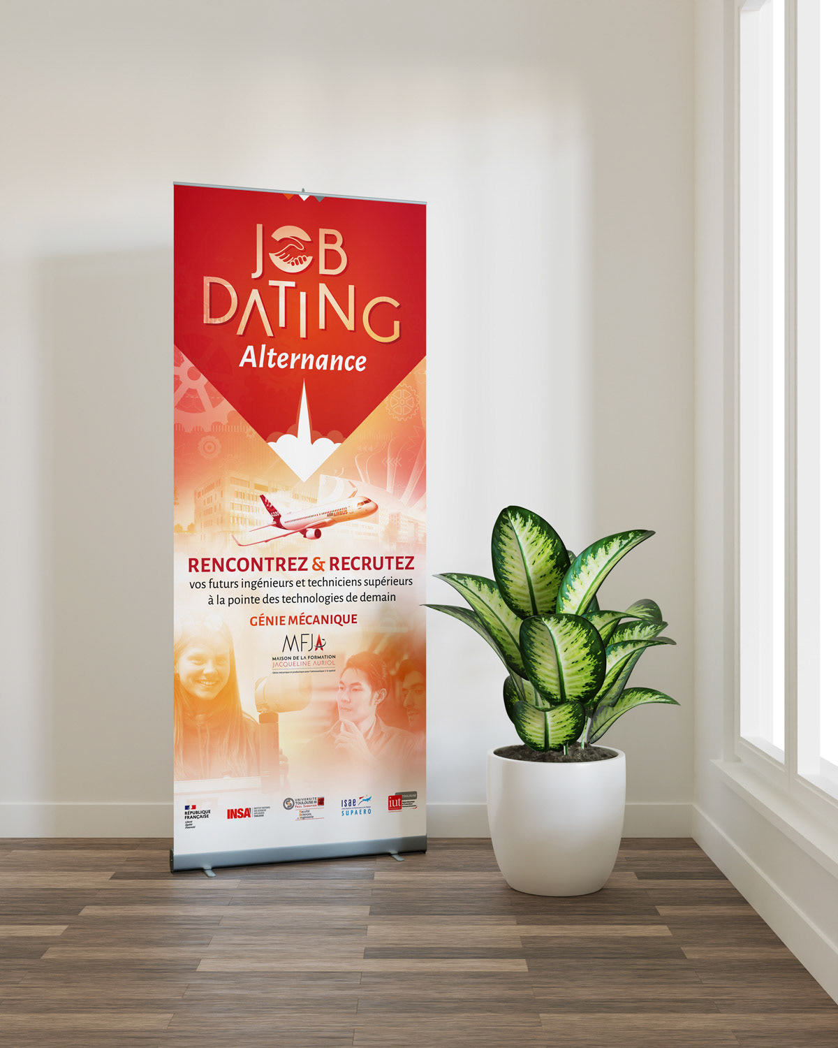 Roll up banner mockup with a plant beside the window