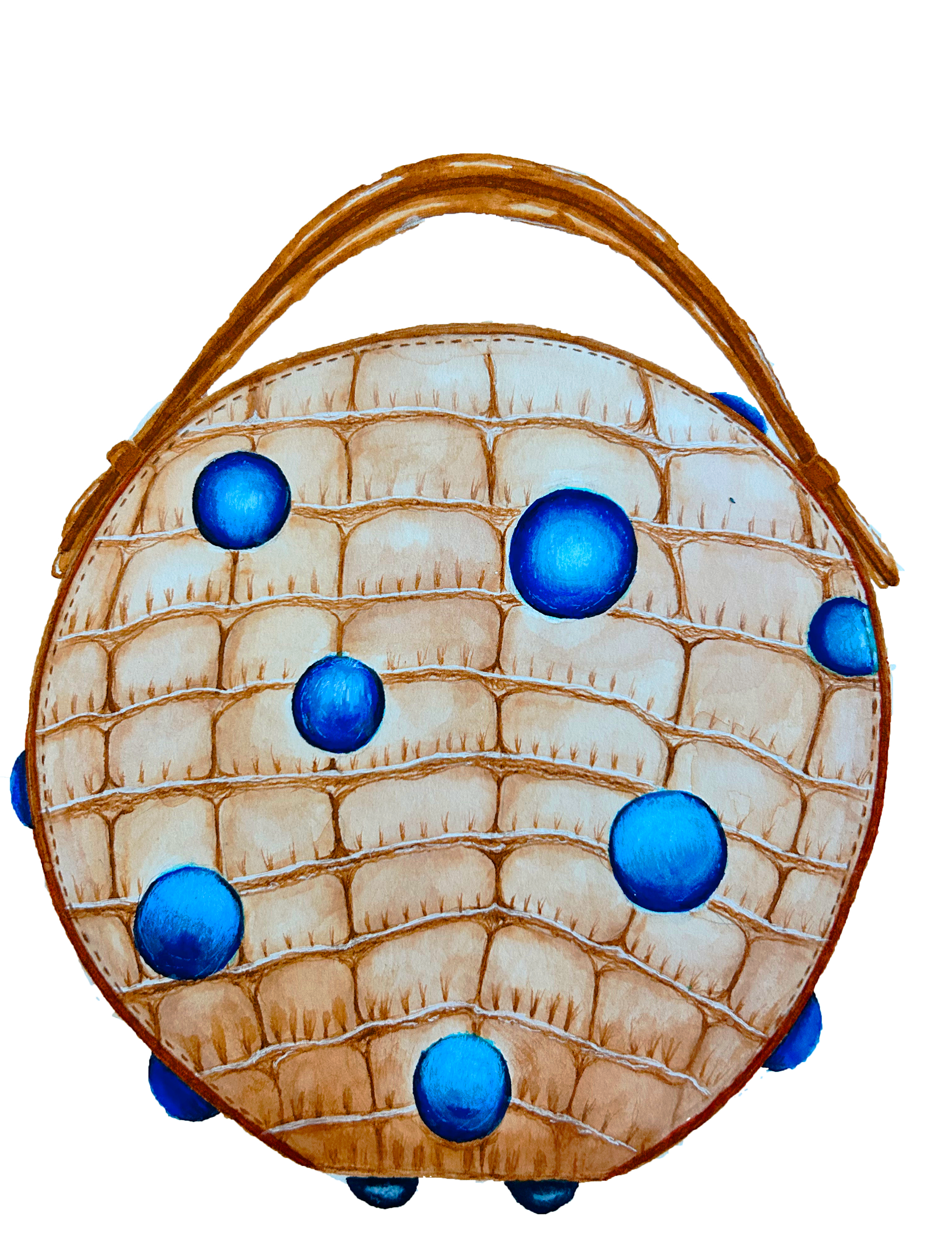 A watercolor render of my blueberry pancake circle bag.