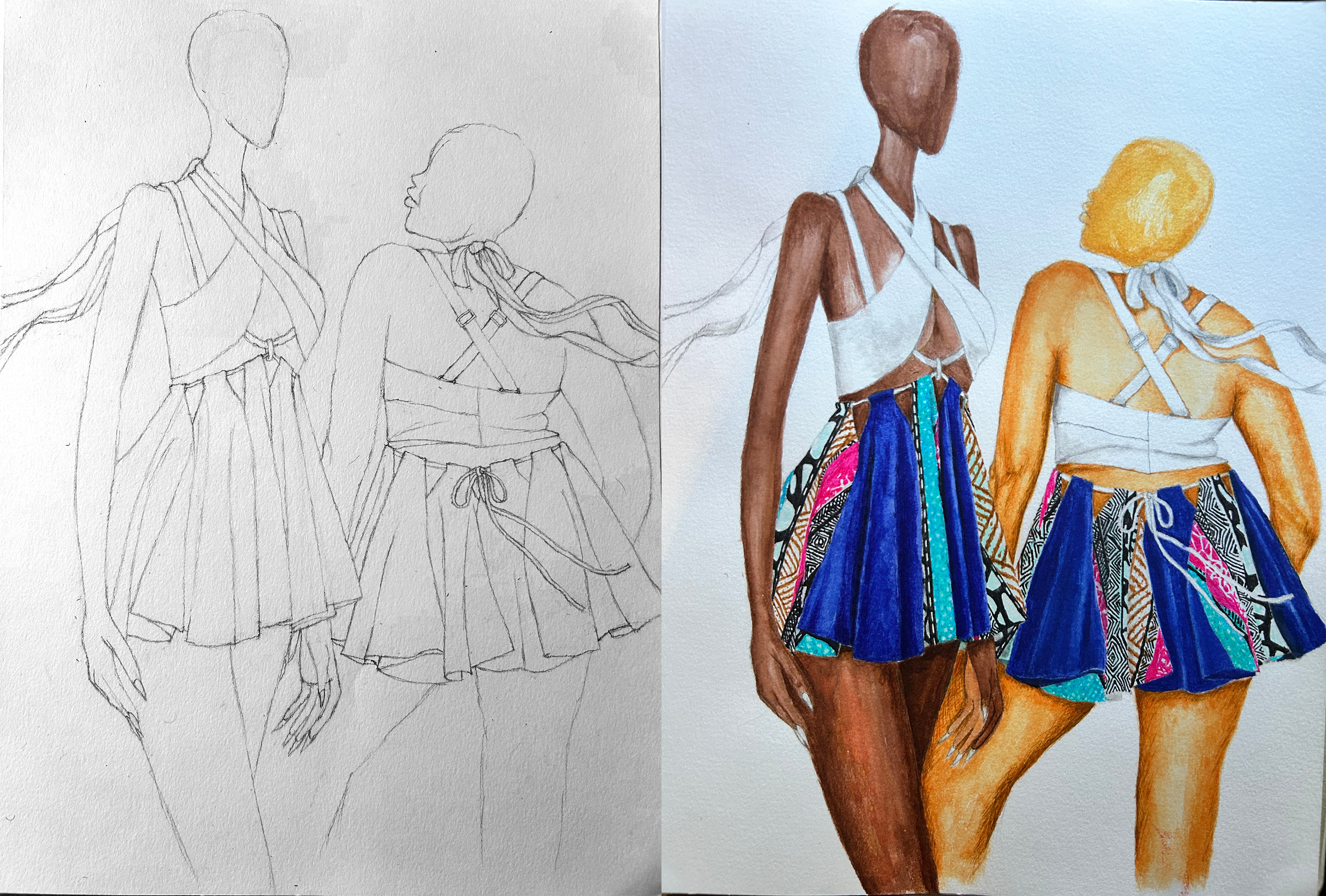 A watercolor/marker render of an sustainable/adjustable dress.