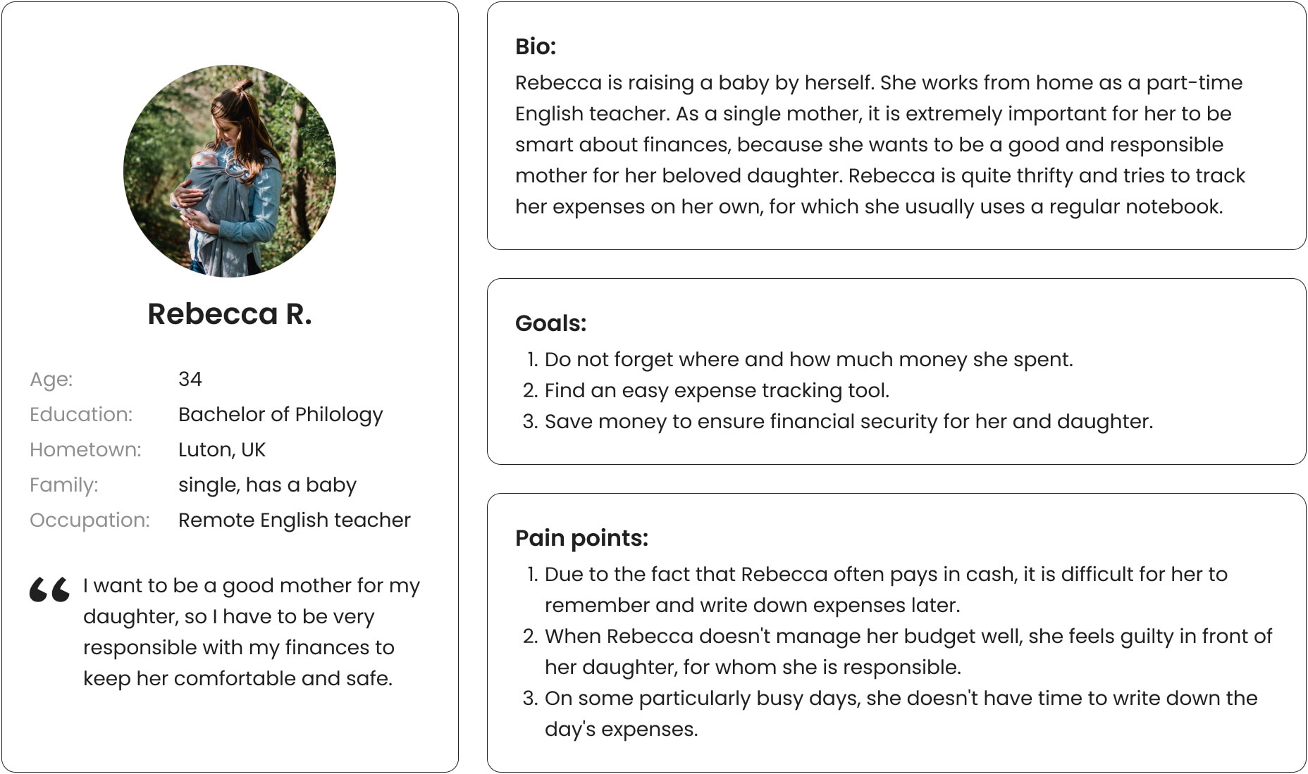 User persona diagram: Rebecca, remote English teacher and single mother, needing careful money management for her and her daughter's well-being.