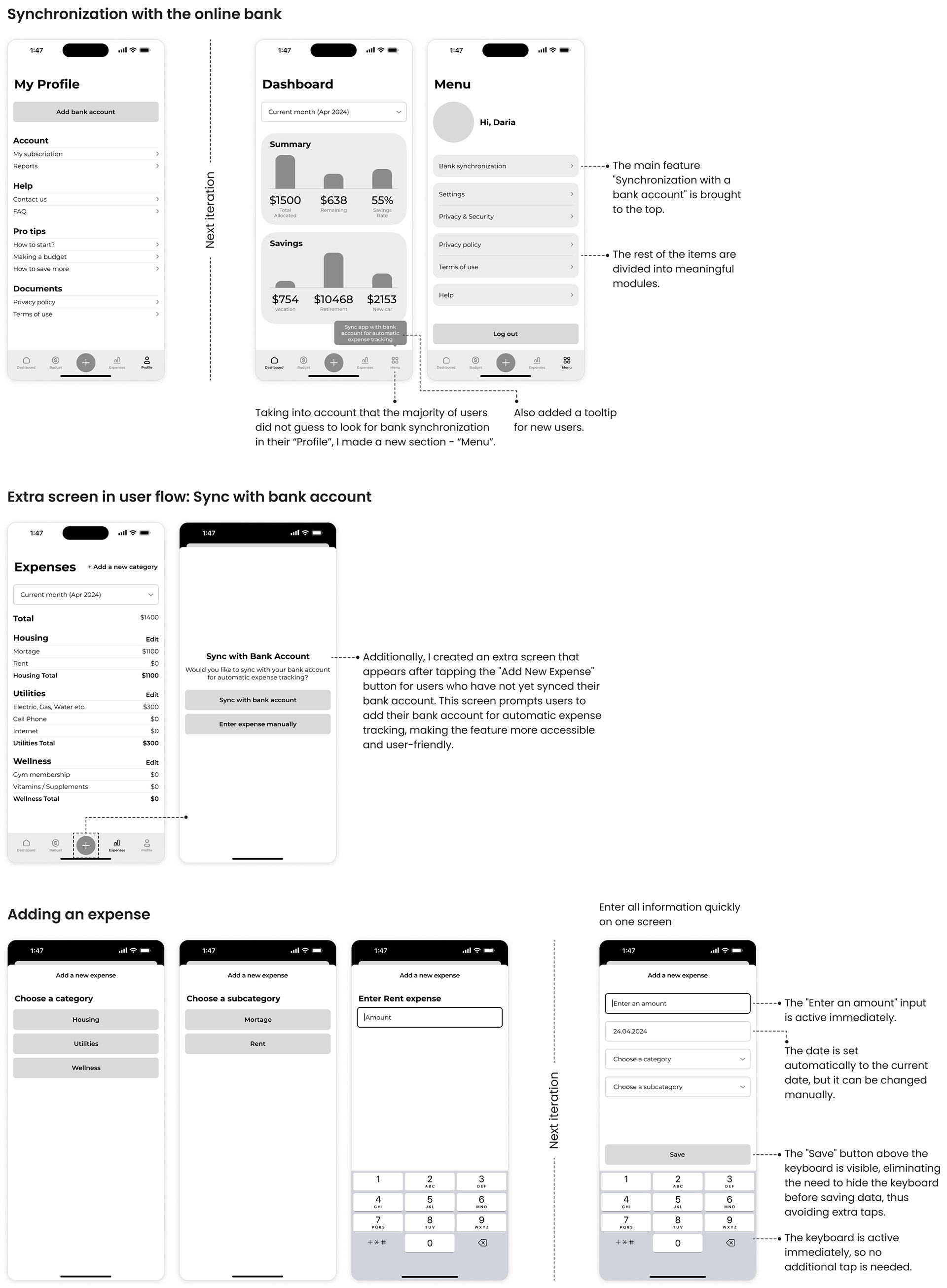 Screenshot showing the process of improving lo-fi digital wireframes with annotations and revisions.