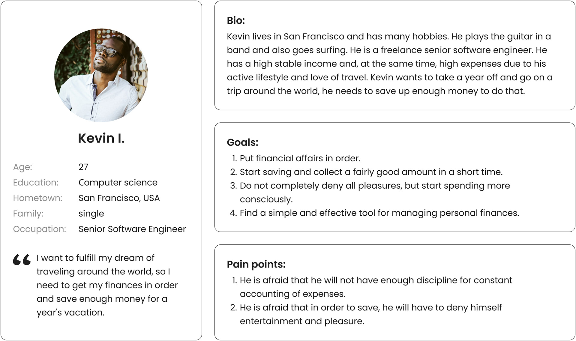 Diagram depicting user persona named Kevin, a freelance senior software engineer, aiming to save quickly and effortlessly for a year of world travel.