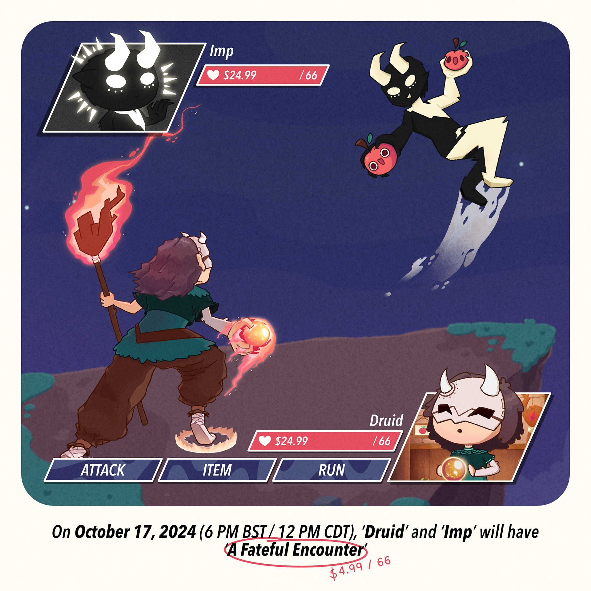 Promotional Artwork for 'A Fateful Encounter' featuring Imp and Druid