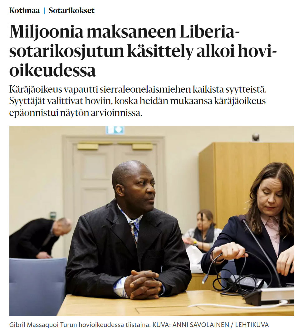 A Finnish court of appeal began hearing an international war crime case in which Gibril Massaquoi is charged. For STT-Lehtikuva/Finnish News agency. 2023