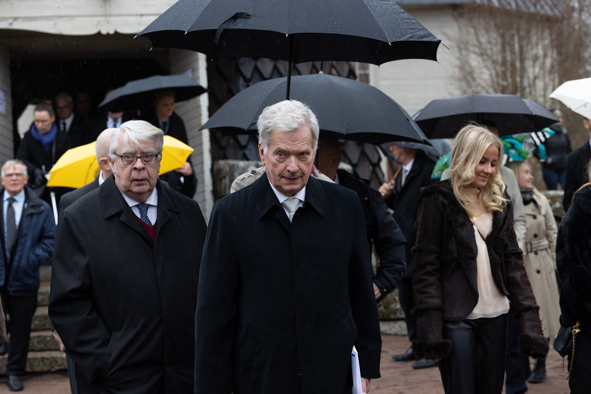 Former President of Finland Sauli Niinistö attends a memorial reveal ceremony in Lokalahti. He is accompanied by Finnish ice hockey executive, businessman, and politician Kalervo Kummola. For STT-Lehtikuva/Finnish News Agency, 2024