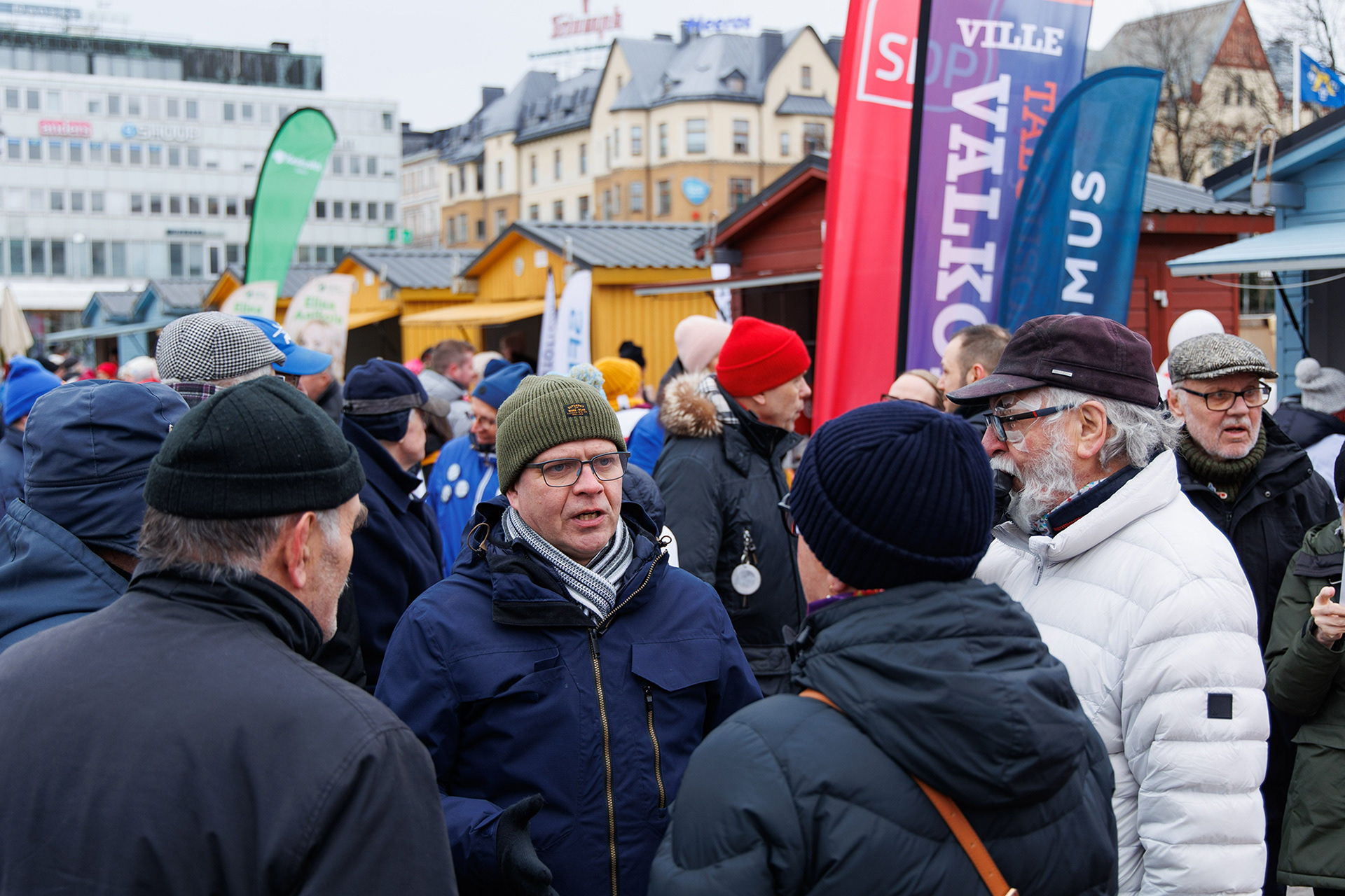 Leader of the National Coalition Party Petteri Orpo meeting citizens prior to parliamentary elections for STT-Lehtikuva/Finnish News Agency. 2023