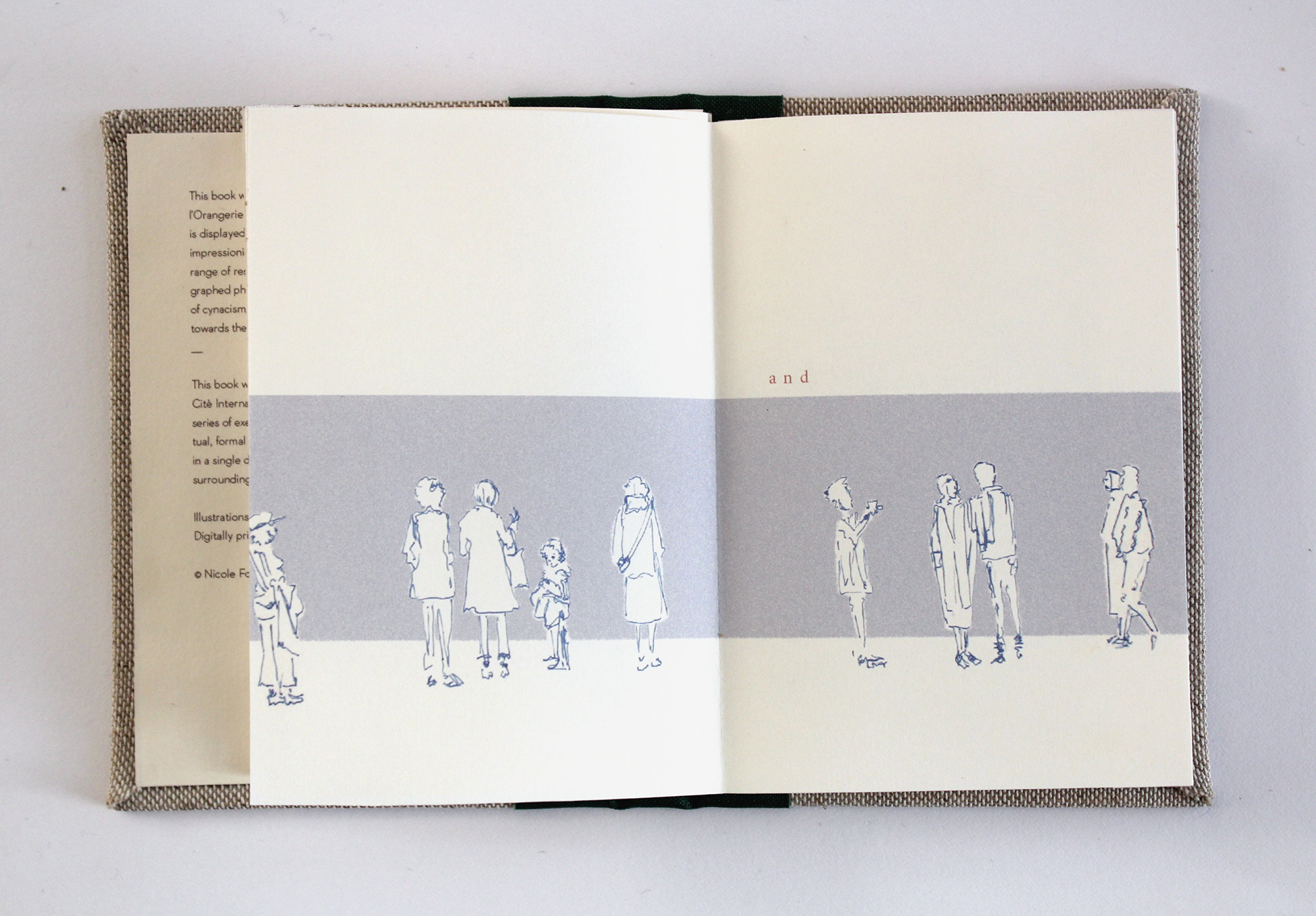 Accordion book containing illustrations from a day spent watching visitors at l'Orangerie museum in Paris