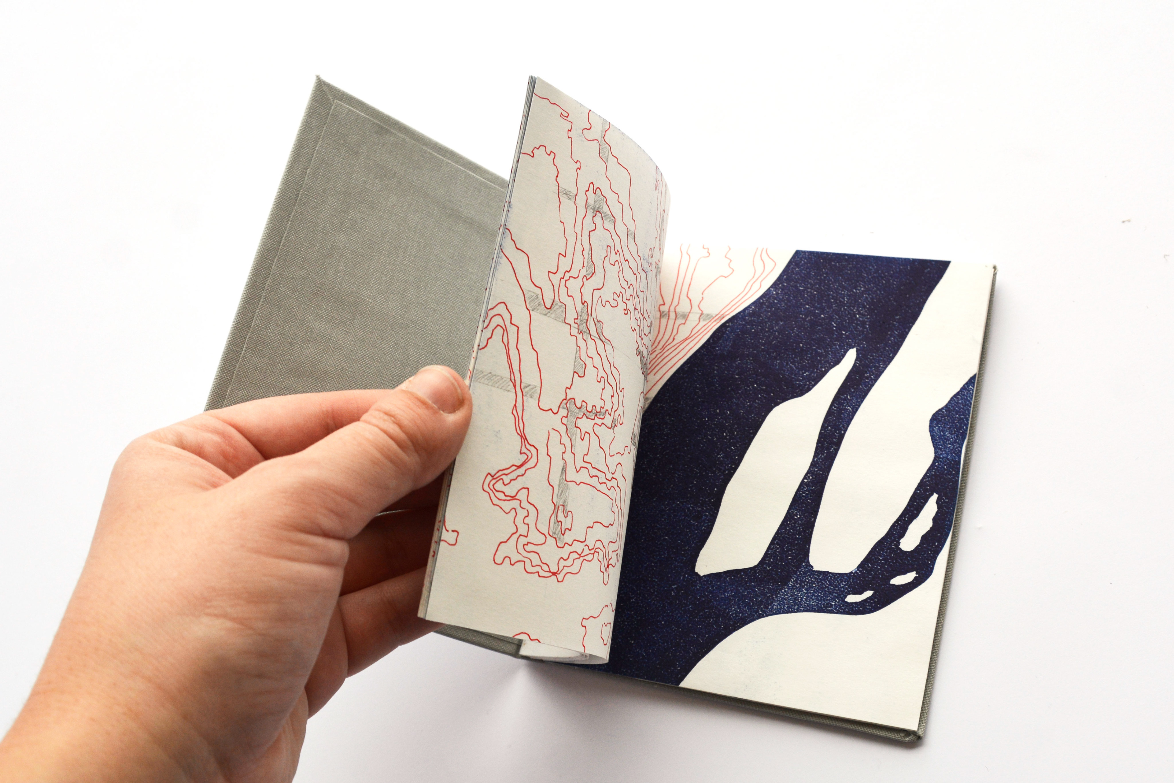 Hand-bound, mono print book studying St. Louis topography