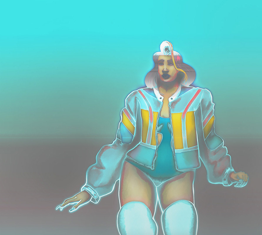 A glowing, cyberpunk character illustration, which became the base of the lime-green sticky note. She is wearing a sporty jacket, a bodysuit and thigh-high boots.