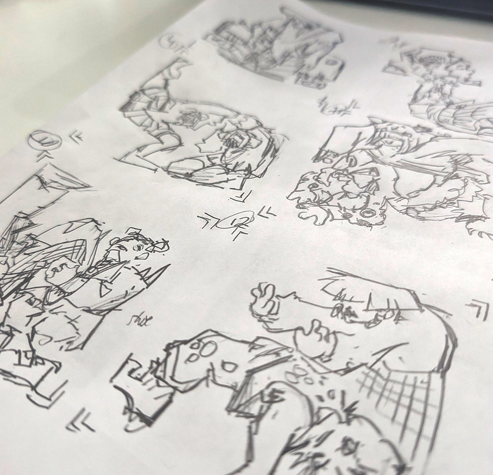 A close up shot of the different sketches, after the japanese street fashion inspired cyberpunk designs were overlaid, ontop of the clown figure designs.