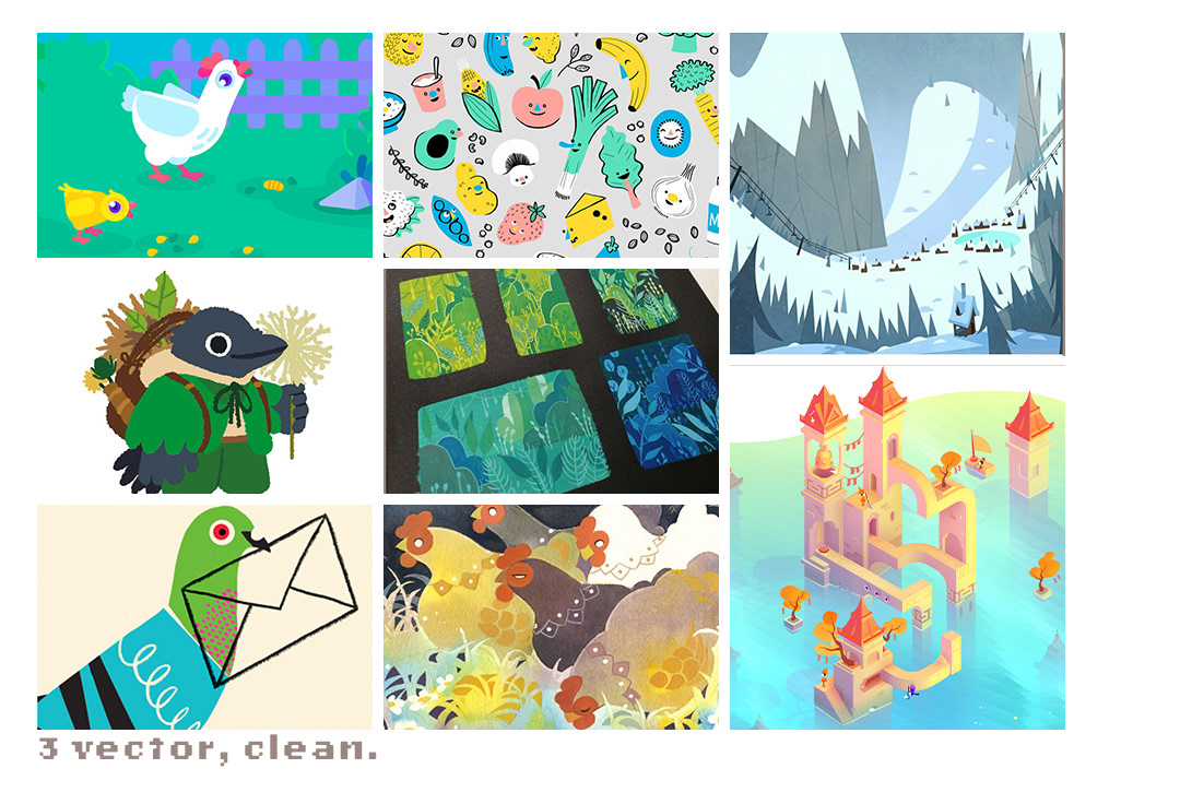 This style applies bold shapes to create simple, yet characterized sombodies and settings. Some feature line work in balck or colour, while others have simpler shading, if any.