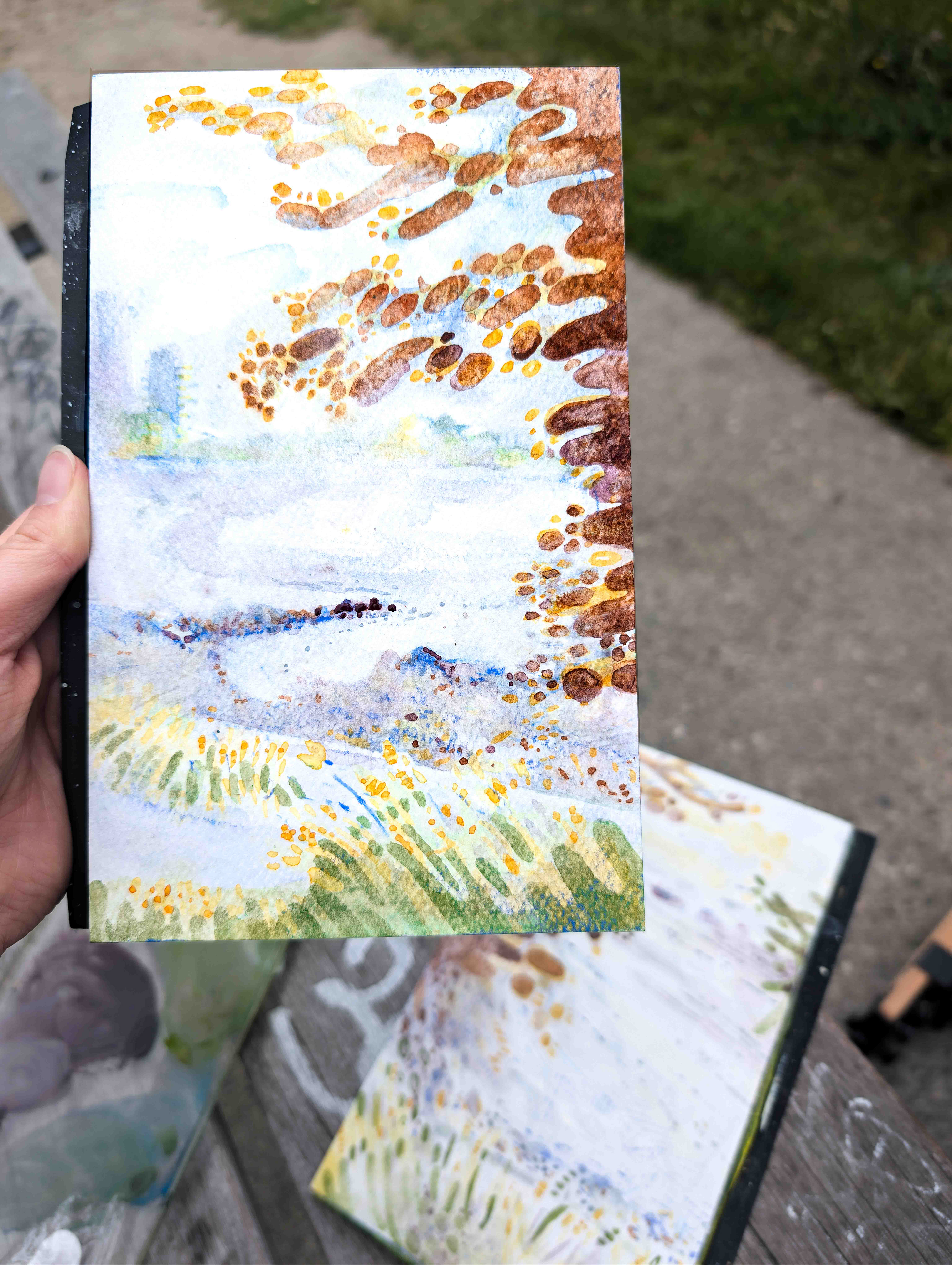 one of two plein air watercolours of english bay, featuring bits