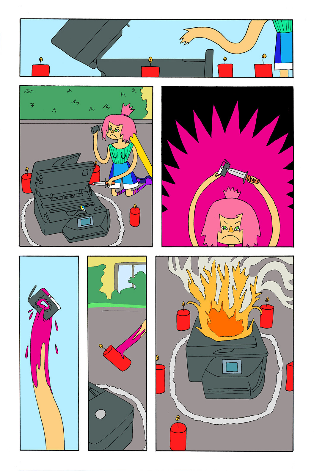 Page X – A wordless page depicts our heroine piercing the bloody, beating heart of her enemy, the at-home printer.