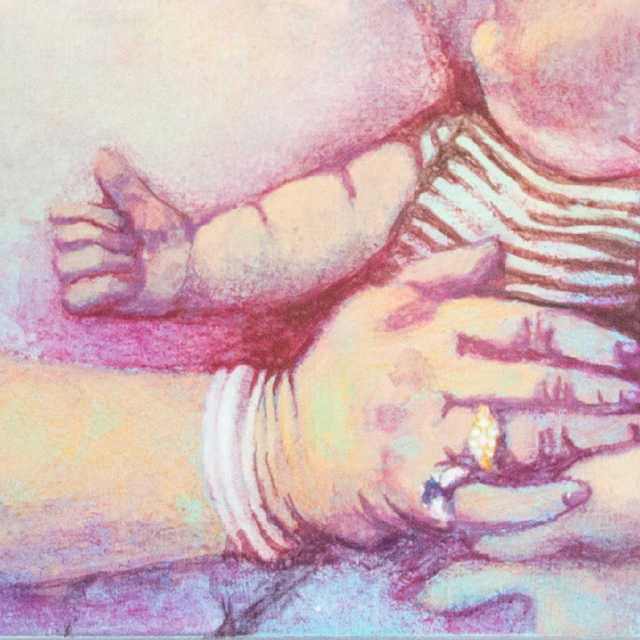 Stylized shadows and lighting details on hands, arms and faces of two subjects.