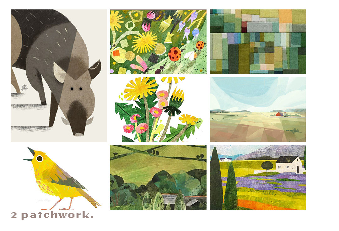 This style, which we ultimately went with, has jagged, simple shapes, with a textured background. To me, they all comingle into a patchwork of pieces because of the shared colours and texture, which is why I called this style "patchwork".