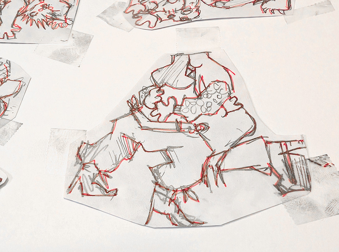 A sketch with refining marks of red pen over graphite, of two figures embracing. One is wearing hot pink boots, while the other has baby blue platform boots. They both look fabulous.