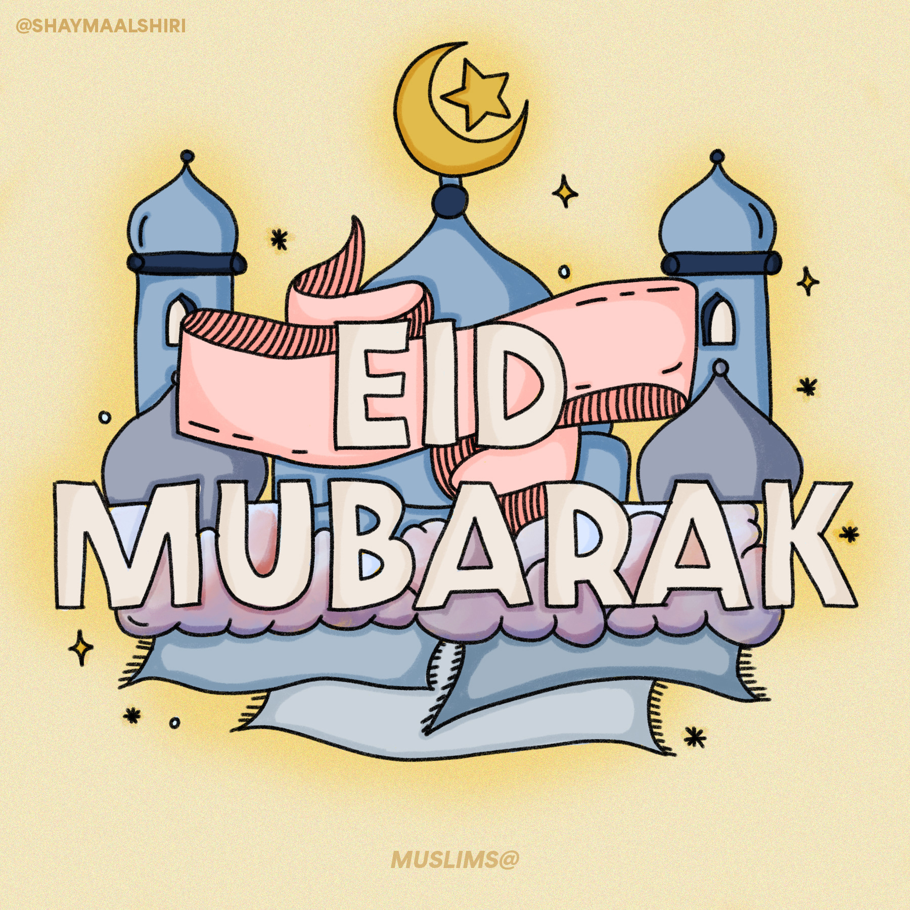 A graphic to celebrate the end of Ramadan. This piece is inspired by Eid morning prayer.