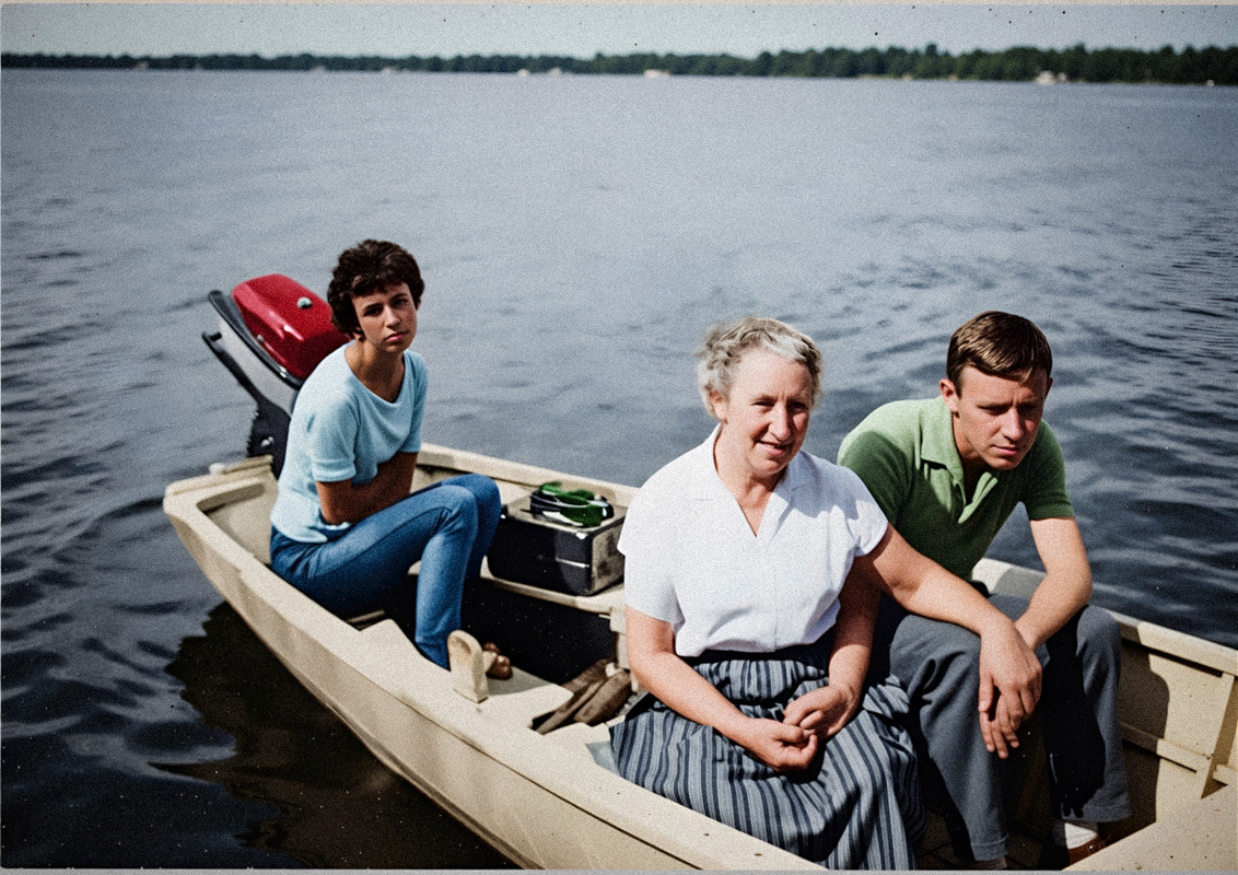 Ett hav, en båt, en sur tonåring (min faster Brita), min farmor Ingrid och pappas bror Kent. Båten var farfars, främst använd för fiske. Det kan vara så att vi i fonden ser Tällön, vilket skulle innebära att detta är fotat från stranden vid vår nuvarande stuga. 