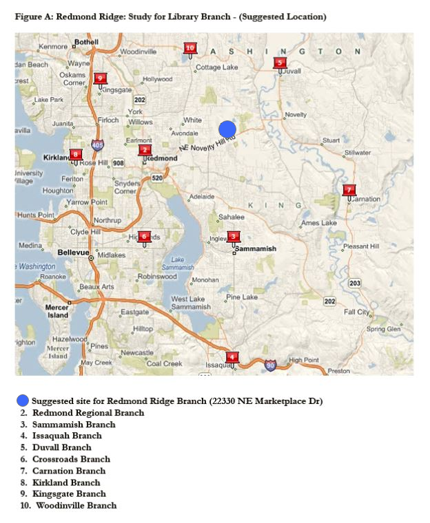 I mapped out all KCLS locations and then added the blue dot to indicate ideal location for a Redmond Ridge branch