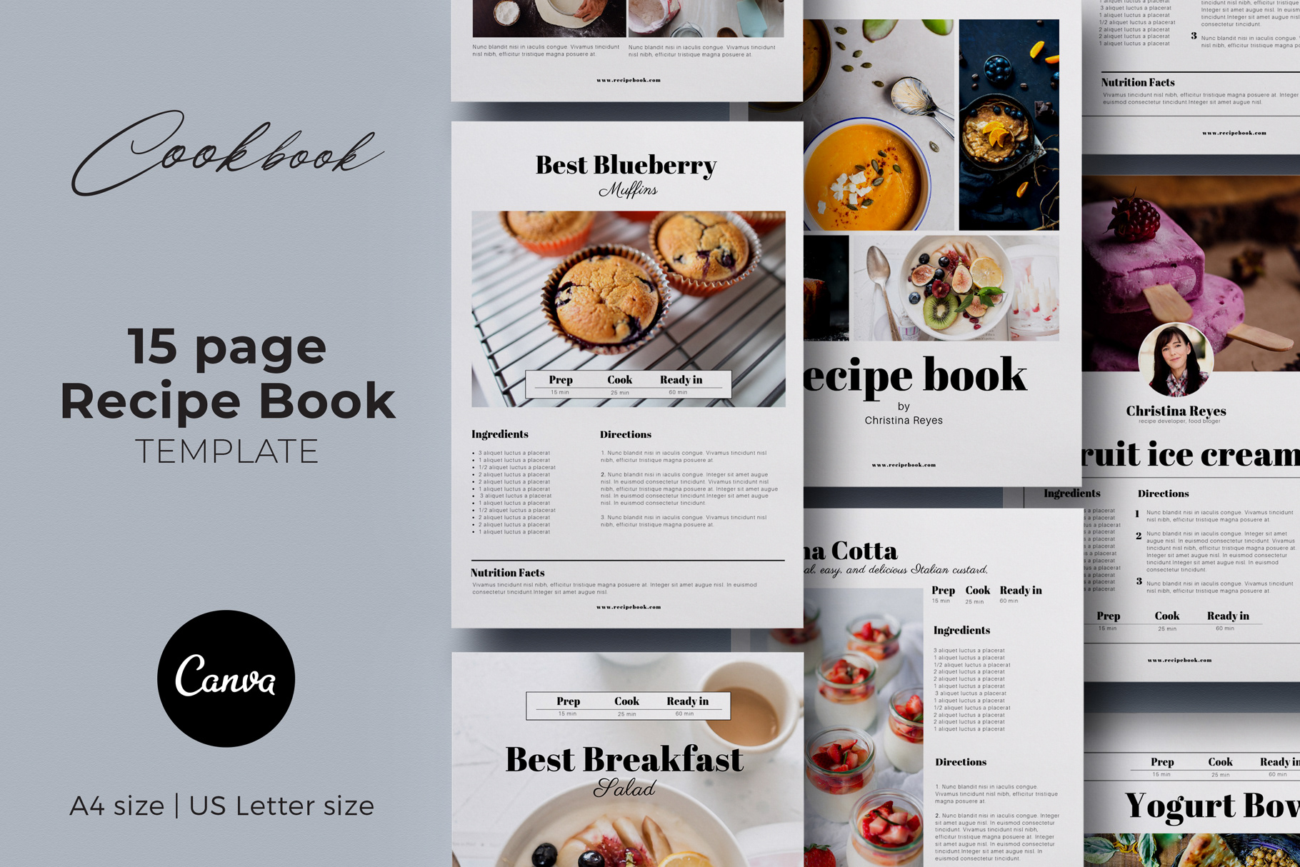 Cookbook Template, Canva Recipe Book Template, Editable Ebook