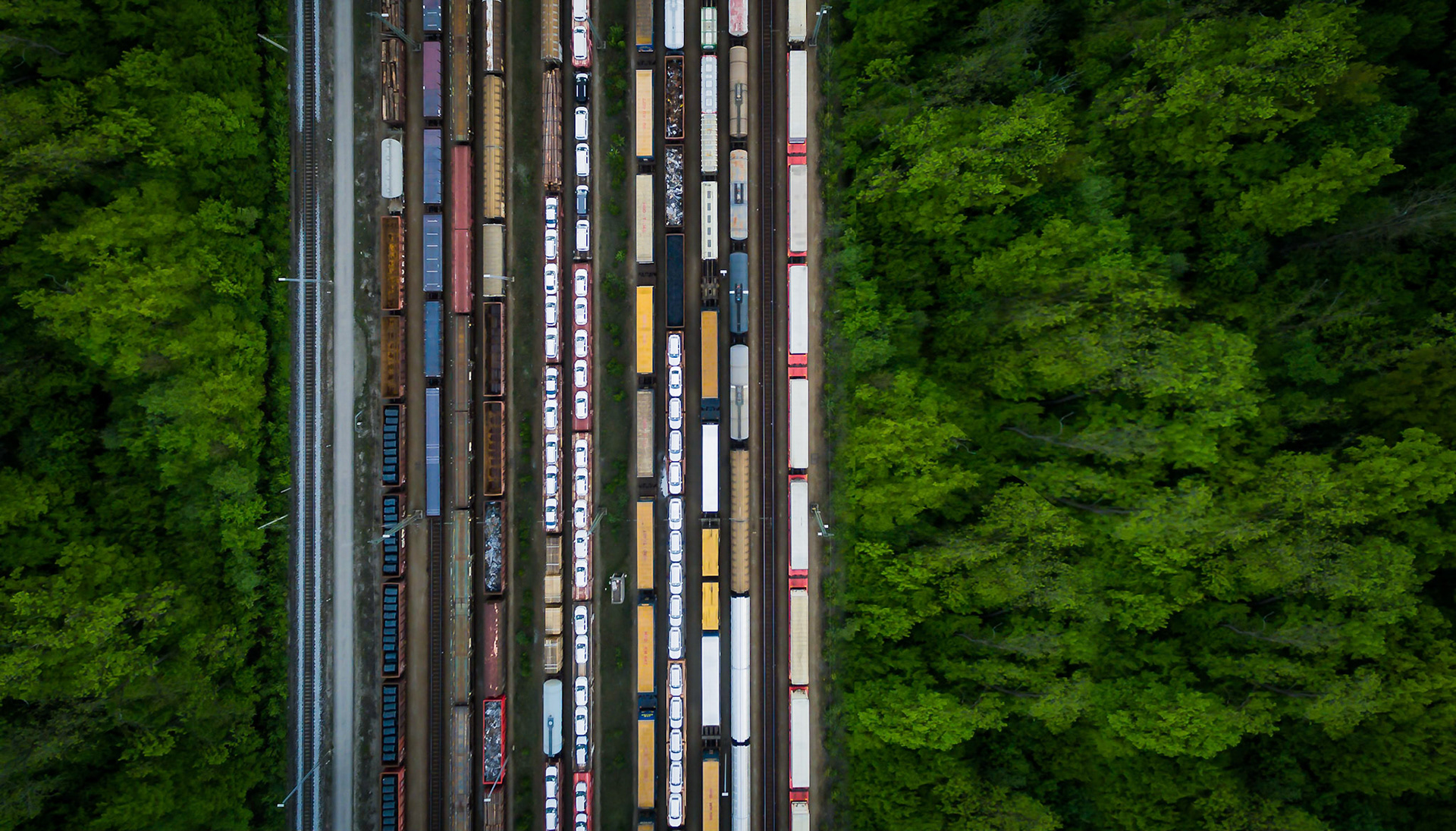Aerial shot of freight trains on a storage siding in the forest. Germany, Munich, 2015