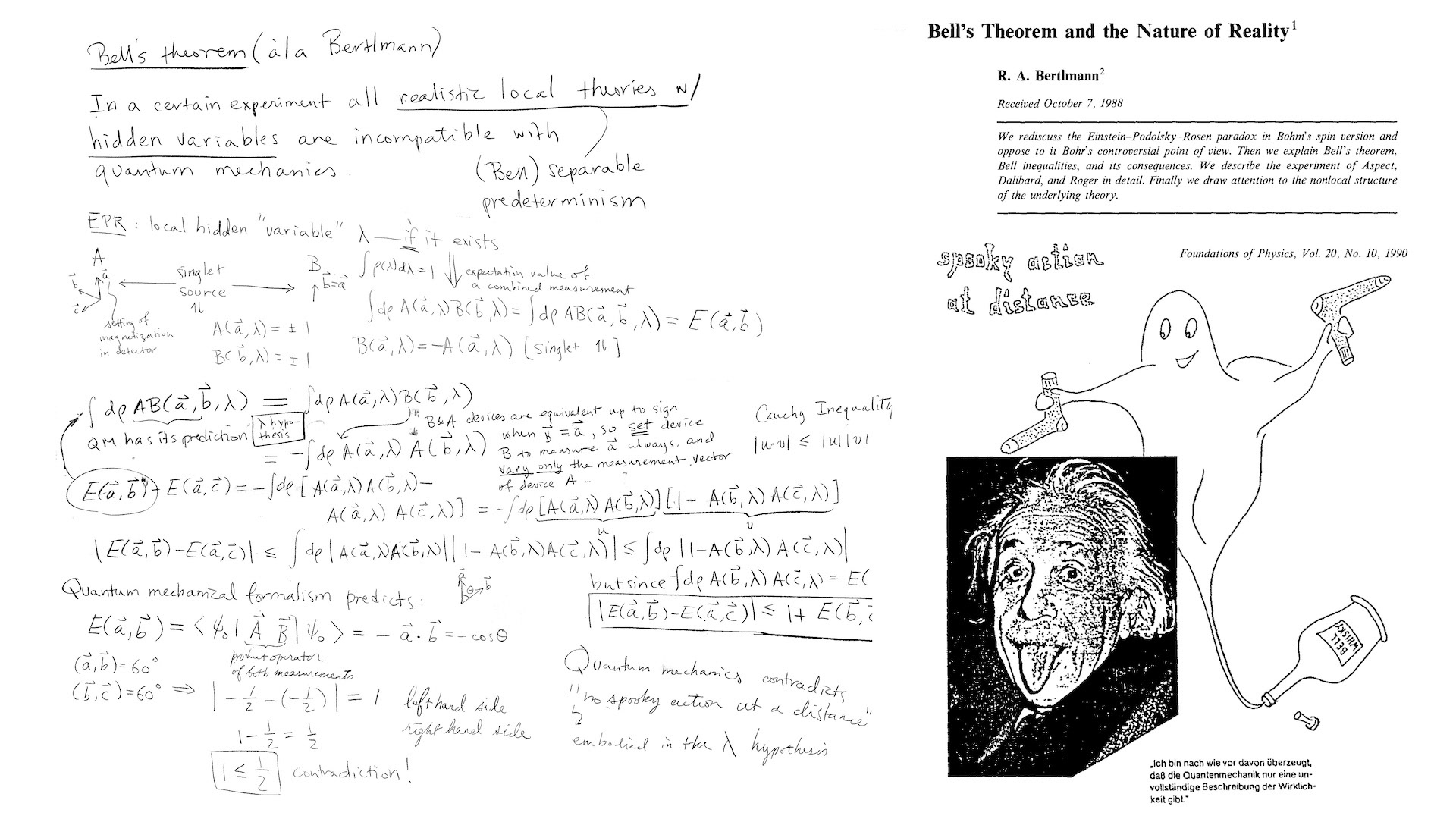 board work showing Bertlmann's derivation of Einstein's spooky action at a distance