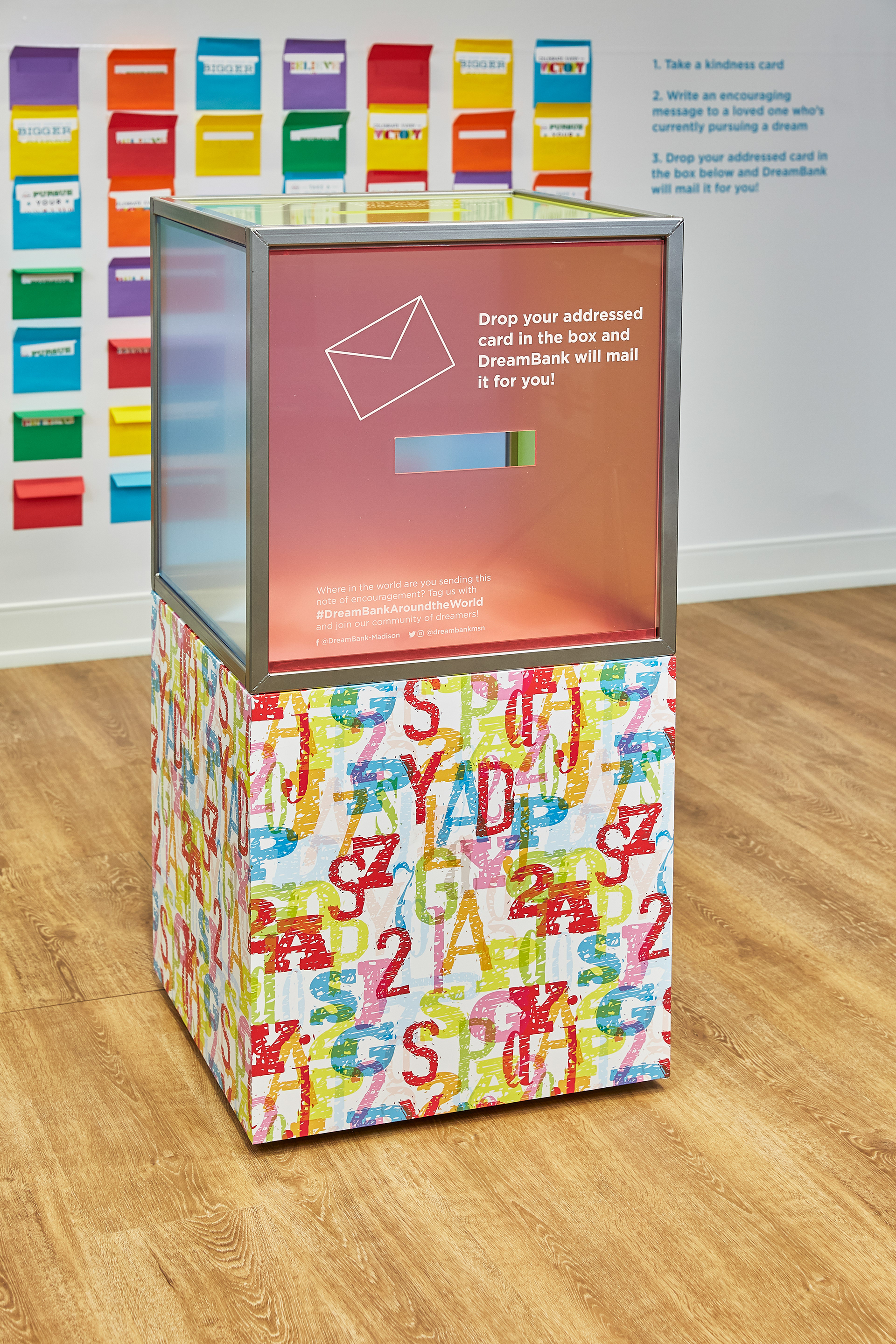 Visitors drop their post cards here for DreamBank to mail for them!