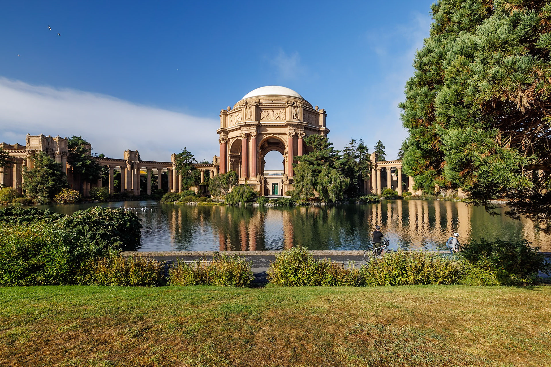 The Palace of Fine Arts in the Marina District of San Francisco, California, is a monumental structure originally constructed for the 1915 Panama-Pacific Exposition in order to exhibit works of art presented there. One of only a few surviving structures from the Exposition, it is still situated on its original site. It was rebuilt in 1965, and renovation of the lagoon, walkways, and a seismic retrofit were completed in early 2009.