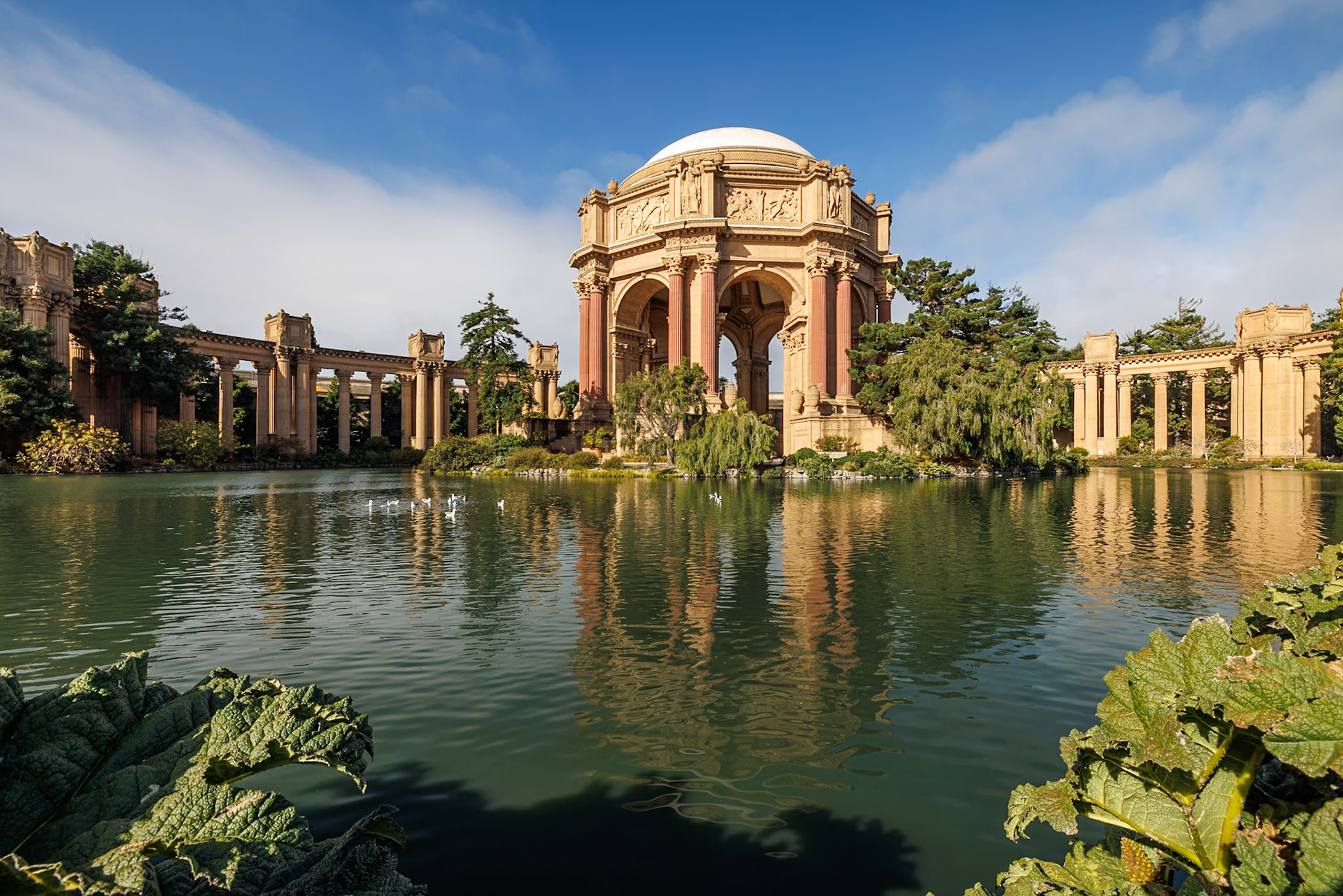 The Palace of Fine Arts in the Marina District of San Francisco, California, is a monumental structure originally constructed for the 1915 Panama-Pacific Exposition in order to exhibit works of art presented there. One of only a few surviving structures from the Exposition, it is still situated on its original site. It was rebuilt in 1965, and renovation of the lagoon, walkways, and a seismic retrofit were completed in early 2009.