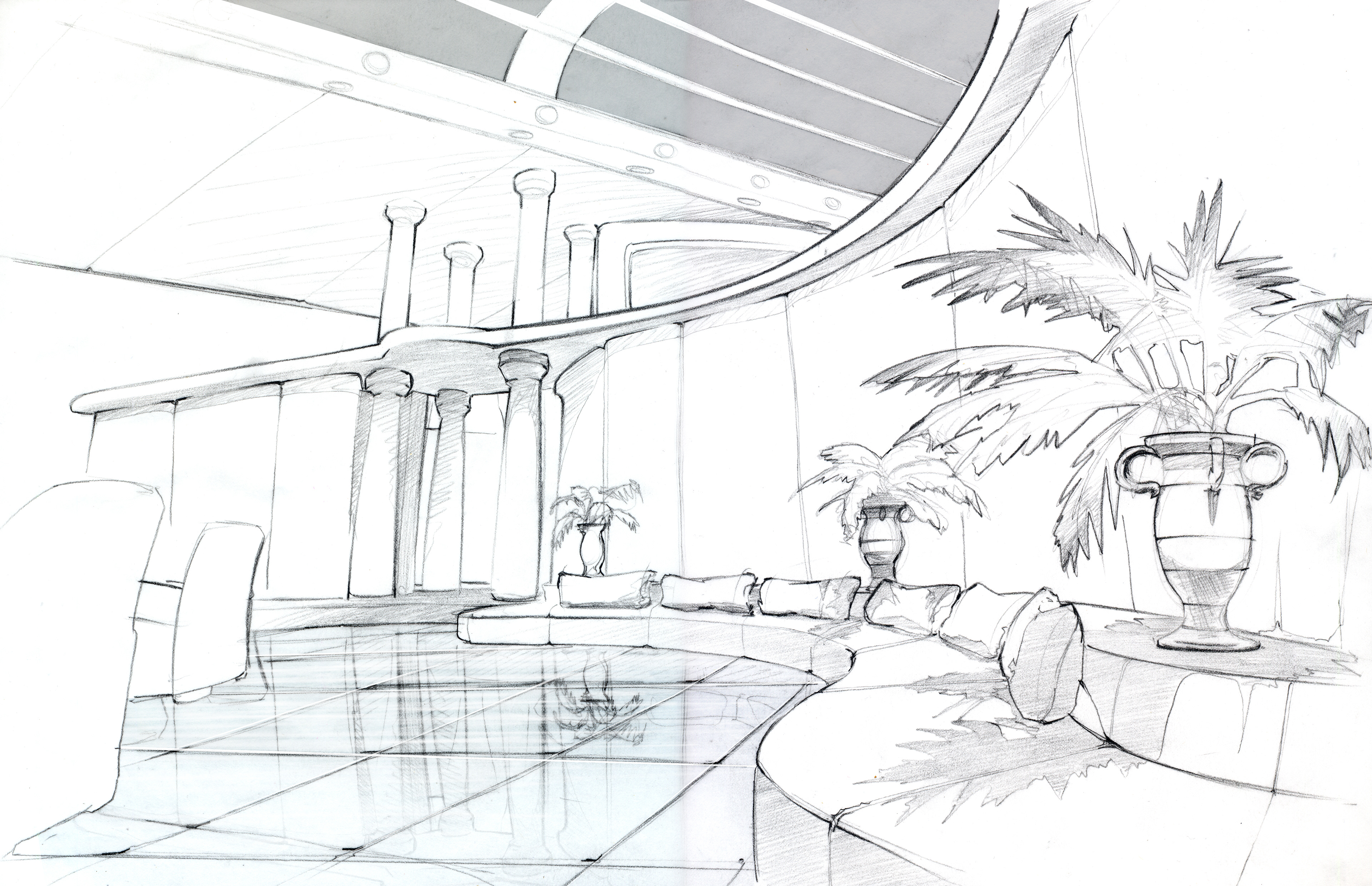 One of my earlier jobs as an intern at Studio RD was to provide sketches of early cad images to help further develop the idea of where various decorations and embellishments should be.