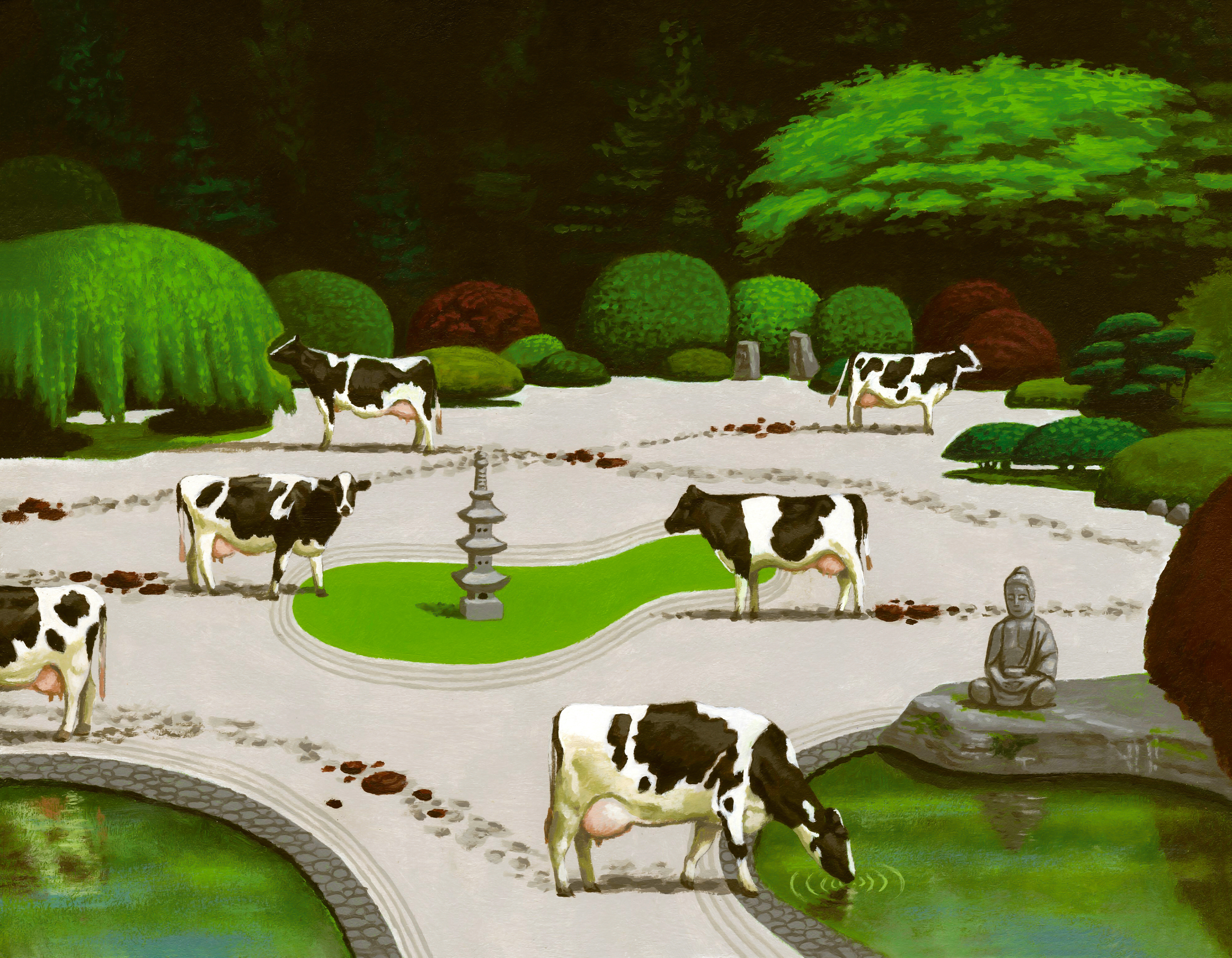 Property Law. Dairy herd invade Japanese-inspired Zen water garden.