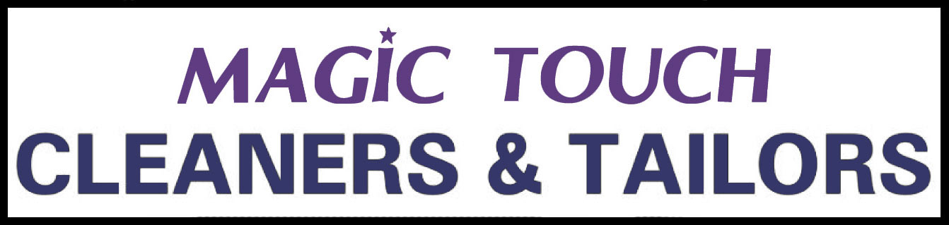 An image of Magic Touch Cleaners & Tailors's logo design. A white rectangle, outlined in thick black lines, containing the name of the shop. The words "Magic Touch" are in a deep purple italicized text, with the brand's iconic star dotting the "i" in "Magic." The text for "Cleaners & Tailors" is not italcized, in a deep blue color, directly under "Magic Touch." All the text is in capital letters.