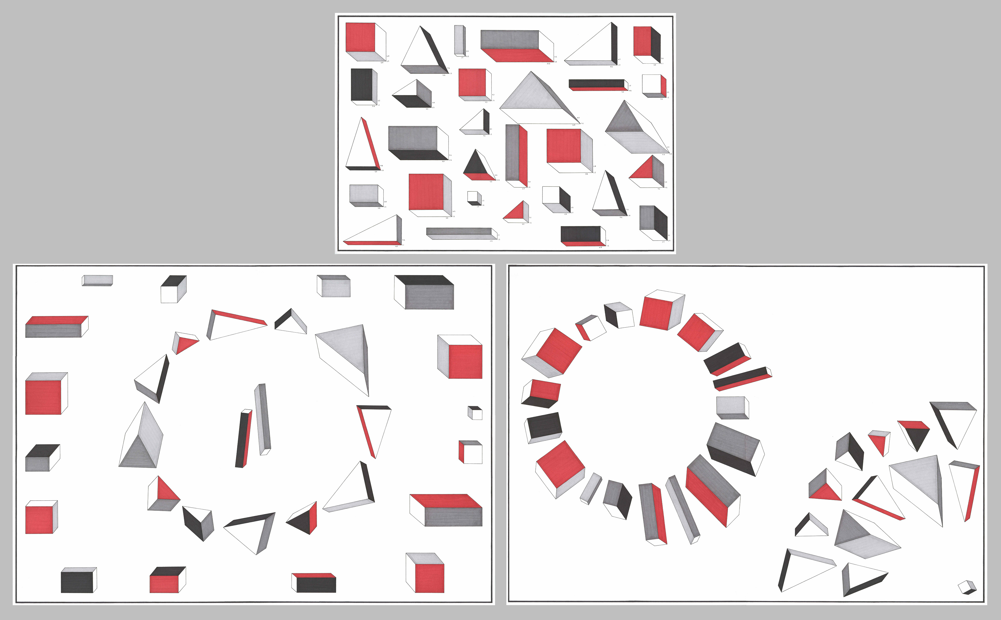 Cast of Characters ; Act I ; Act II,  2023,  Pen and marker on paper,  23.4 x 16.5” (Cast of Characters), 33 x 23.4” (Act I & Act II, each)