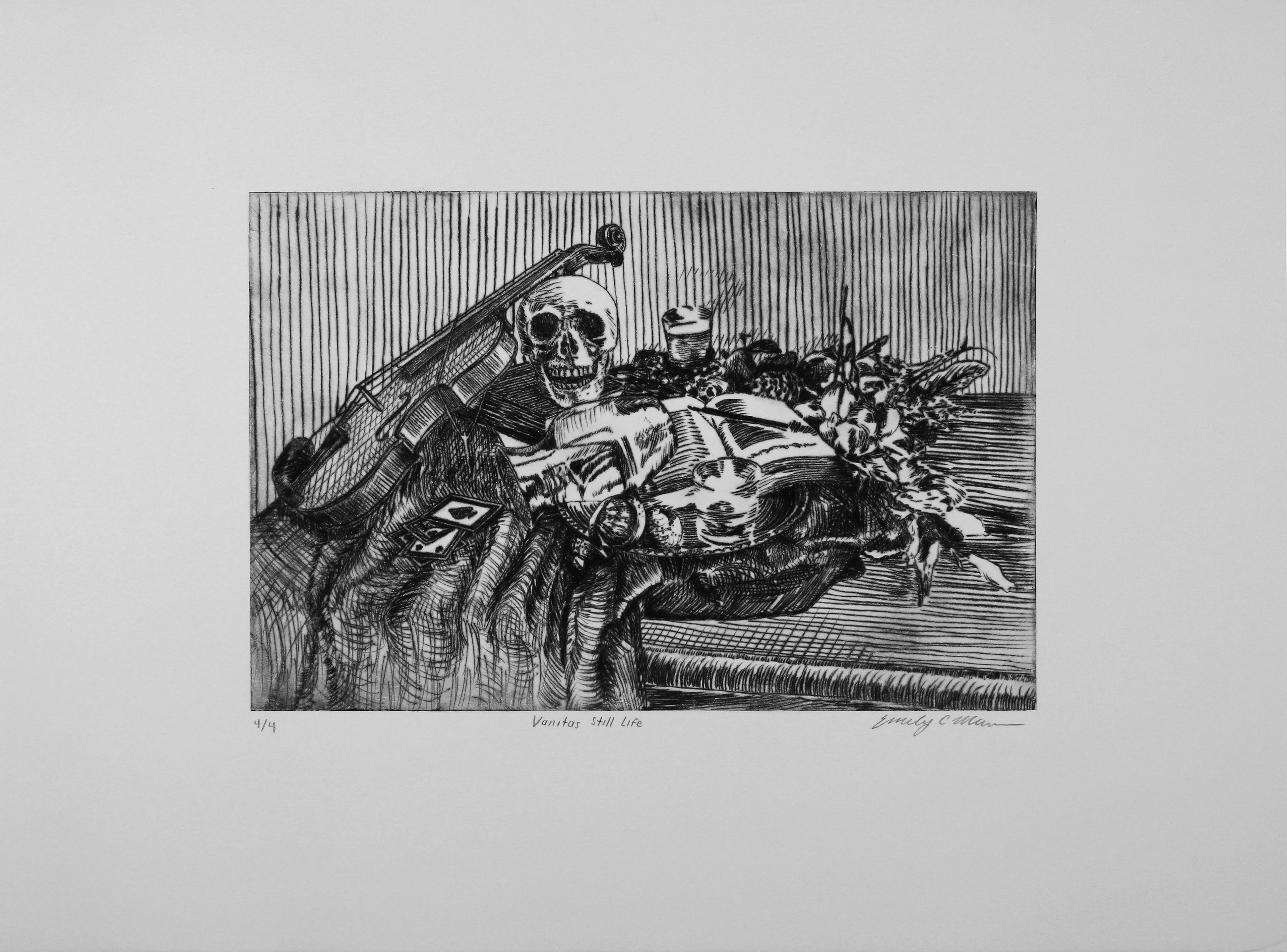Vanitas Still Life,  2021,  Drypoint etching on Rives BFK paper,  15 x 11"