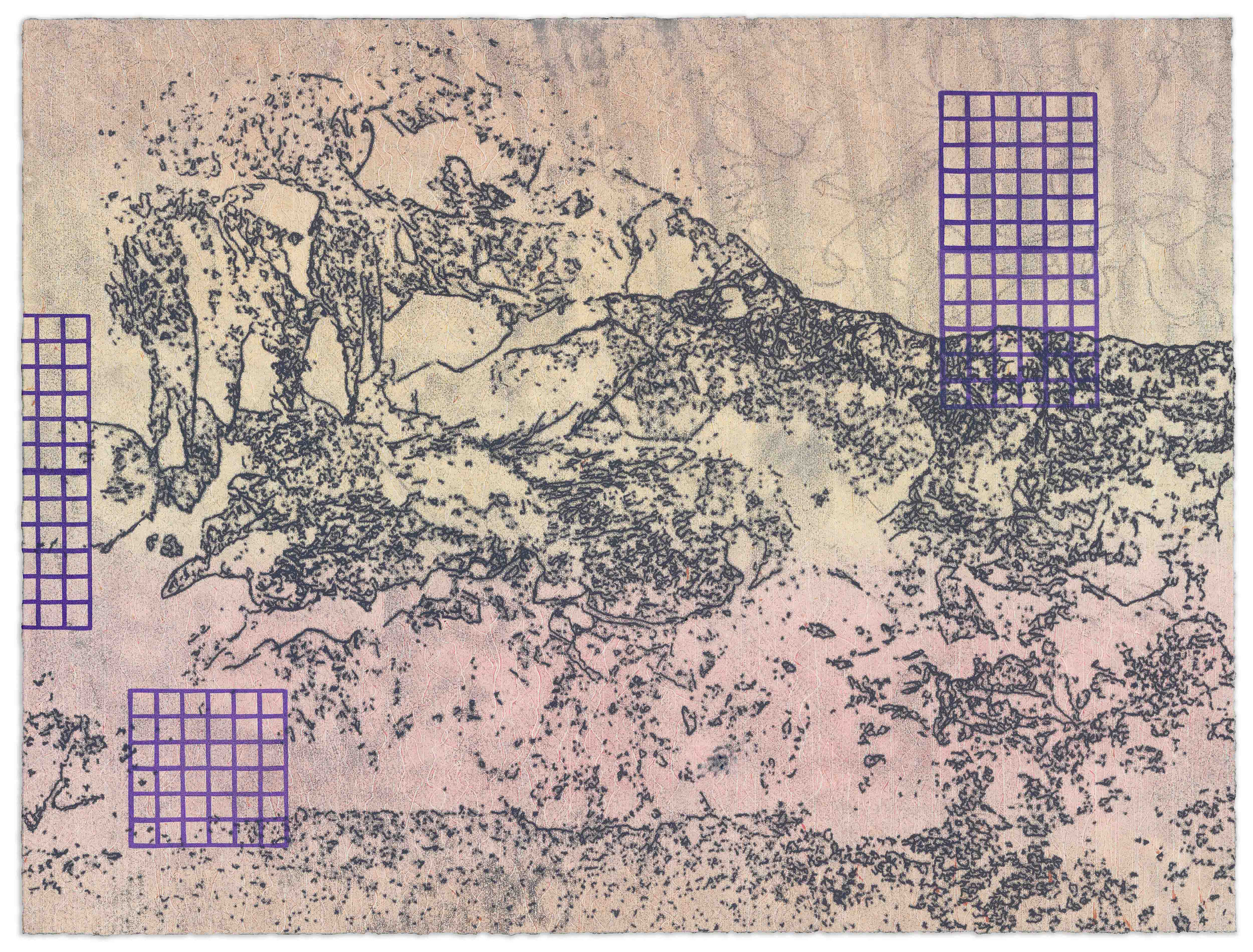 Tread Lightly I,  2025,  Trace monotype and relief on Okawara paper,  22 x 16.5"