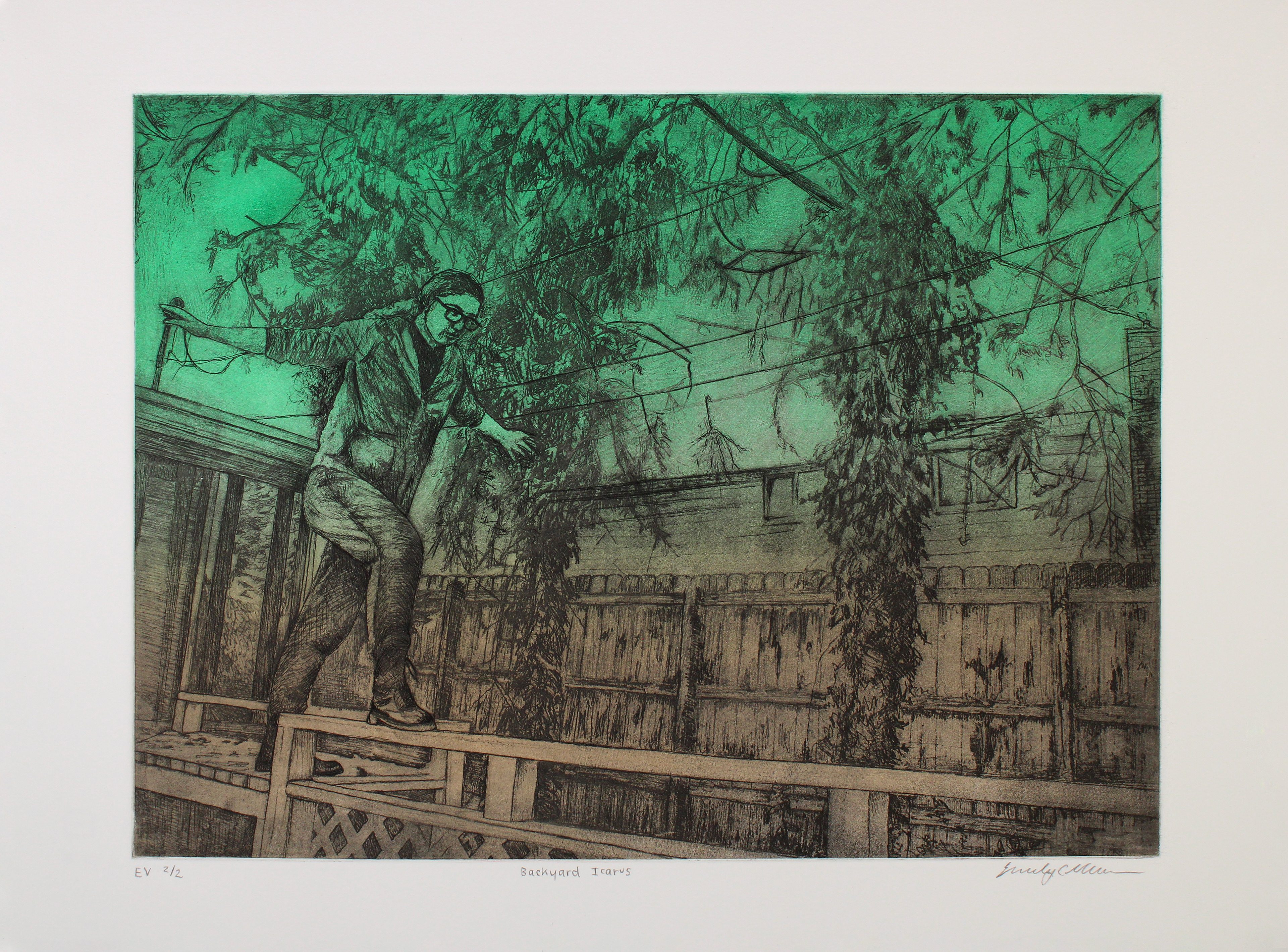 Backyard Icarus,  2021,  Copper plate etching on Rives BFK paper,  15 x 11"