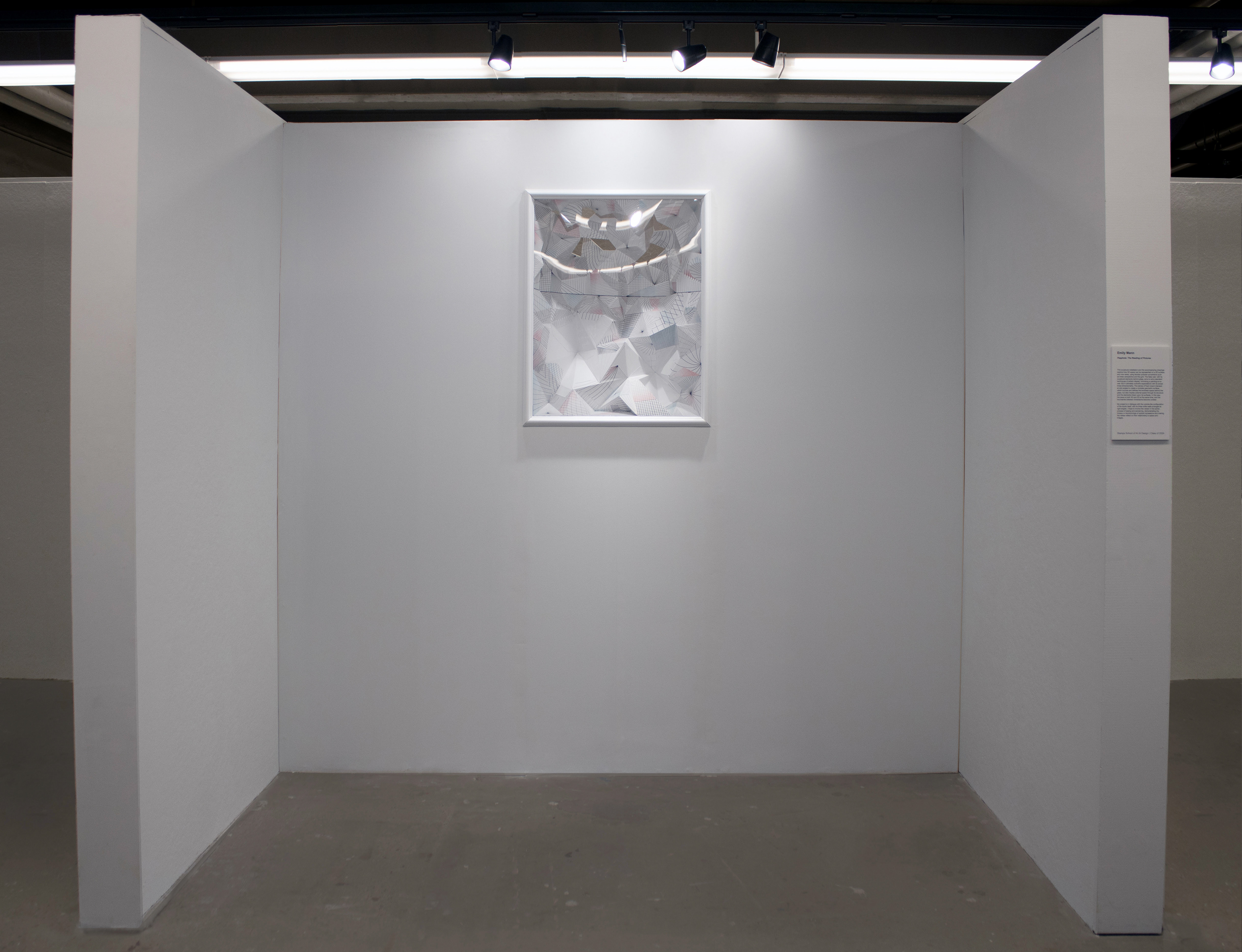 Peephole (The Reading of Pictures),  2024,  Foam board, pen, colored pencil, glue, acrylic, wood, drywall, paint,  7’5” x 7’ x 14” (full wall with sculpture)