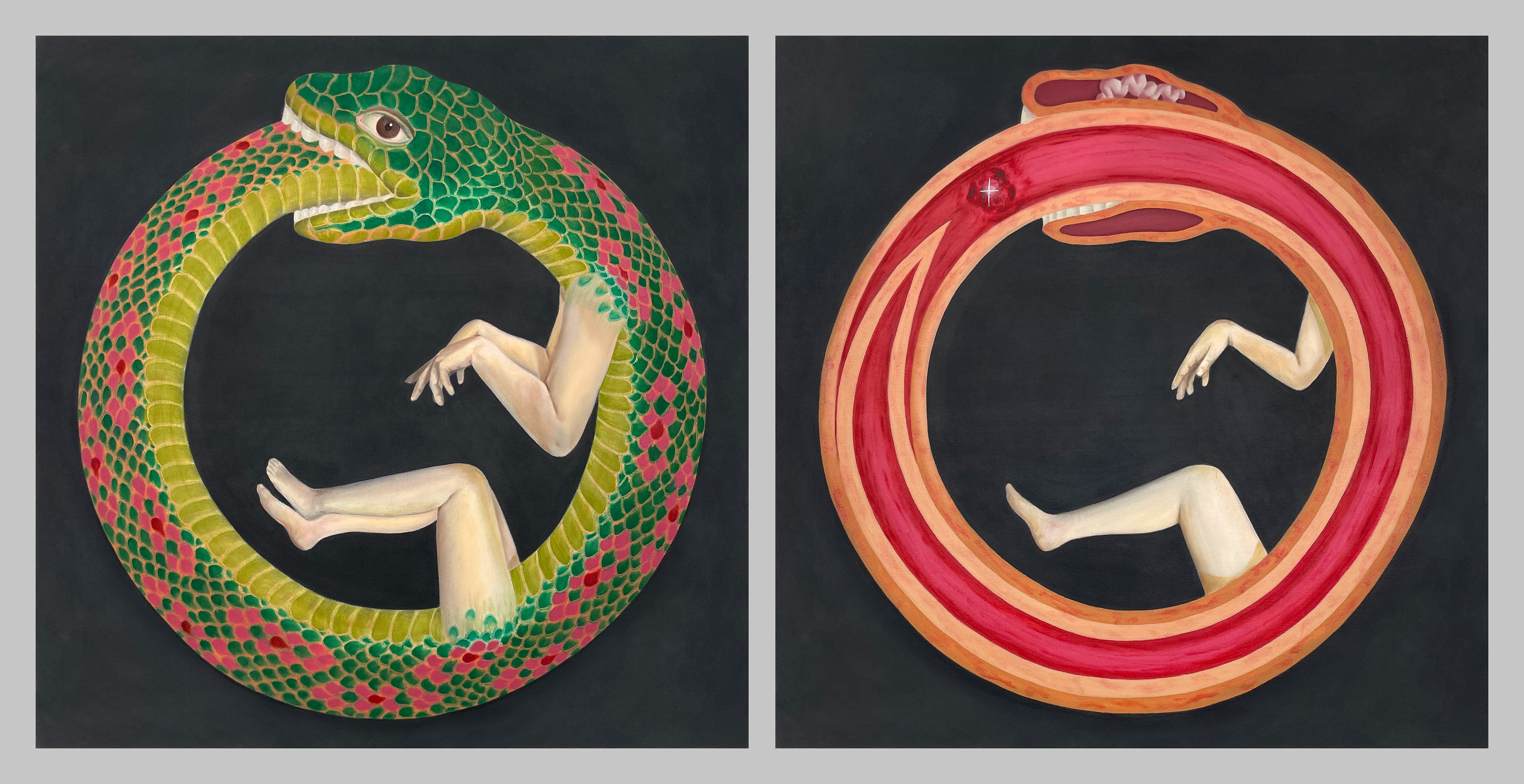 Ouroboros (Two Views),  2023,  Oil on canvas,  30 x 30" (EACH)