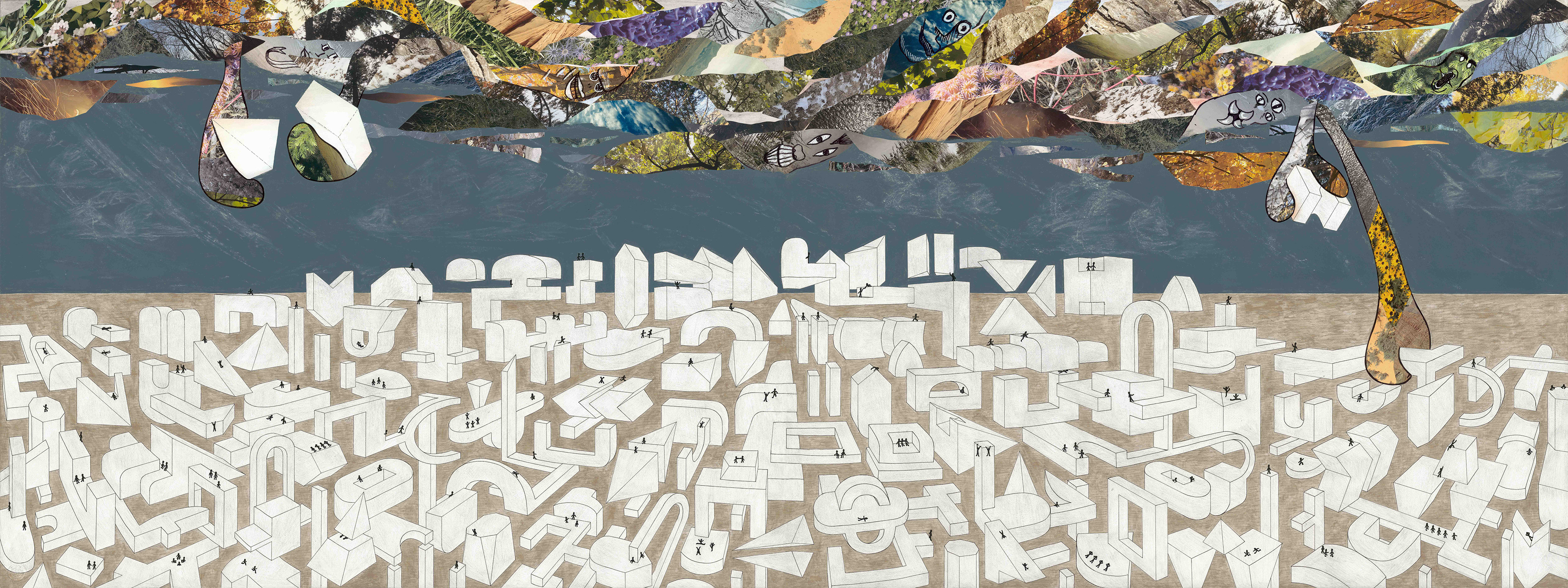 Landscape,  2022,  Graphite, pen, chalk pastel, gesso, print-media collage, and acrylic paint on illustration board,  80 x 30"