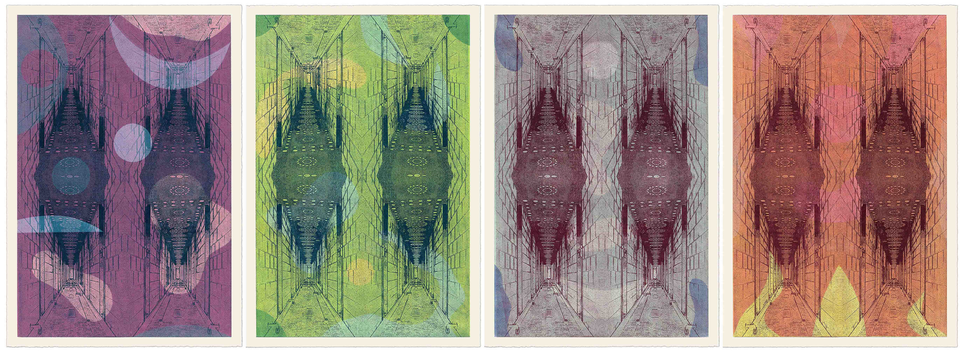 Untitled (Hallway),  2022,  Woodblock prints with stenciling on Okawara paper,  26 x 38" (EACH)