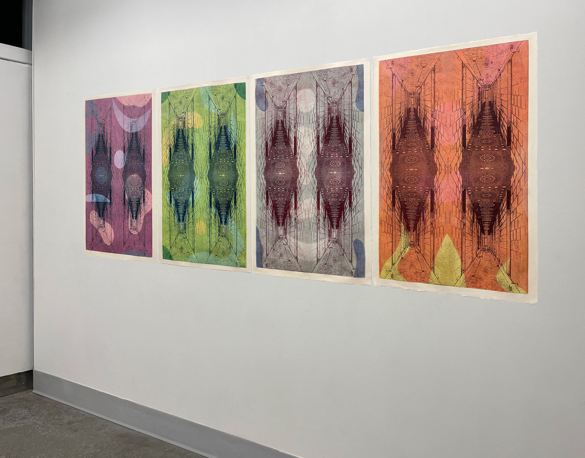 Untitled (Hallway),  2022,  Woodblock prints with stenciling on Okawara paper,  26 x 38" (EACH)