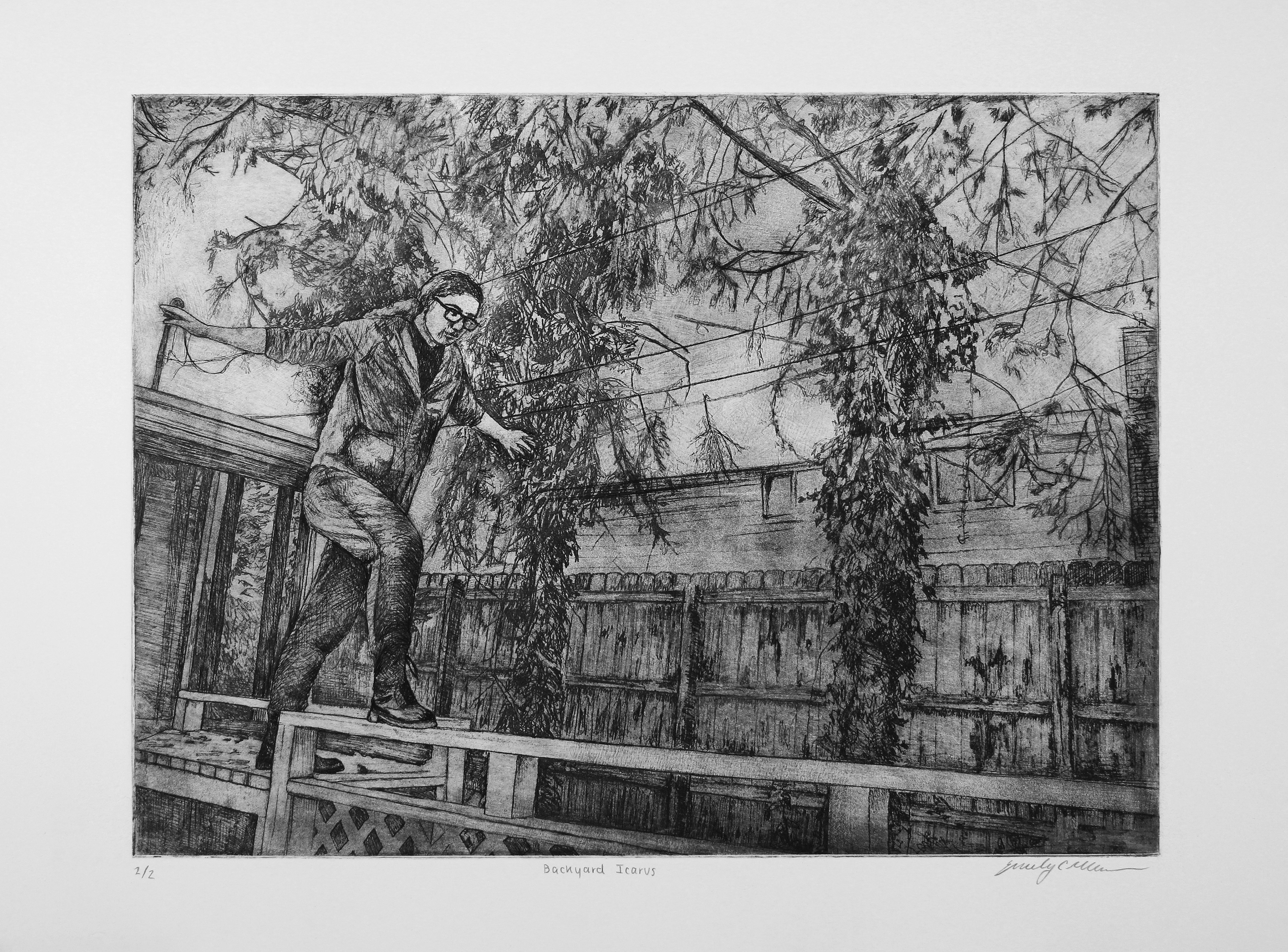 Backyard Icarus,  2021,  Copper plate etching on Rives BFK paper,  15 x 11"