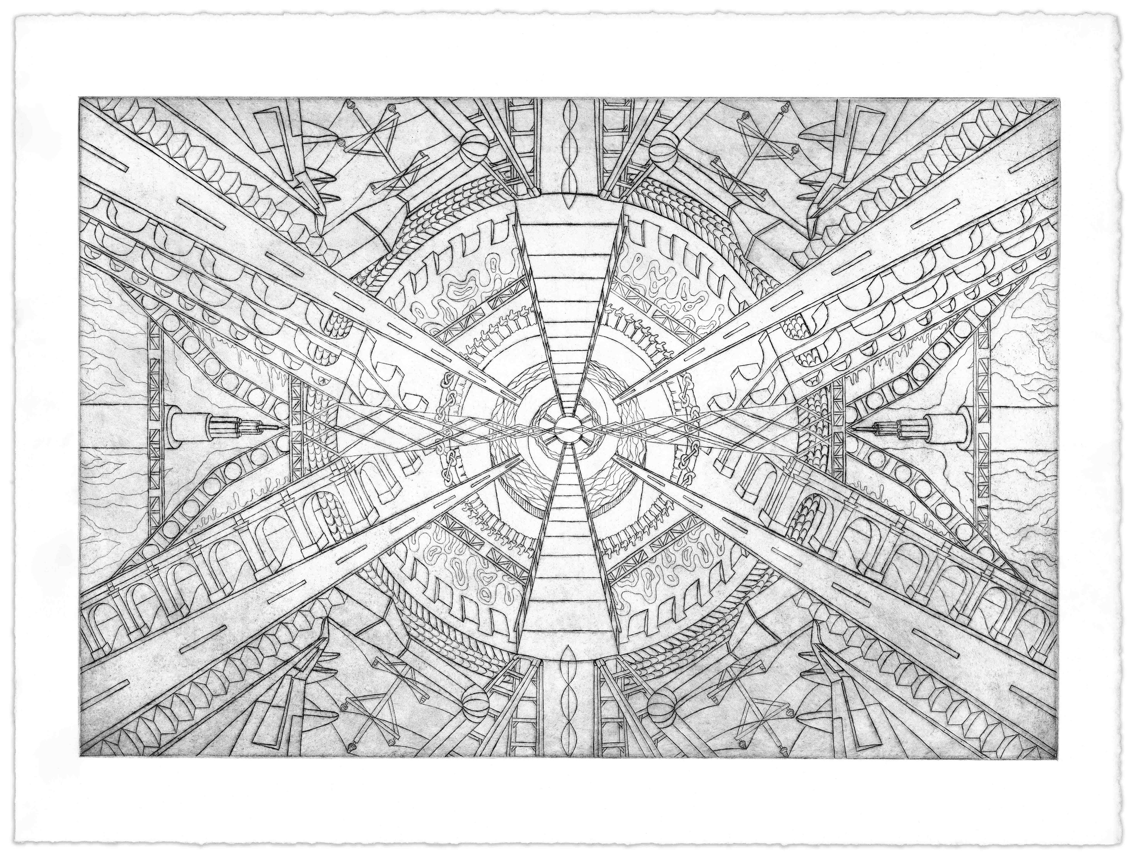 Take It All In, Give It All Up,  2024,  Copper plate etching on Rives BFK paper,  20 x 15"