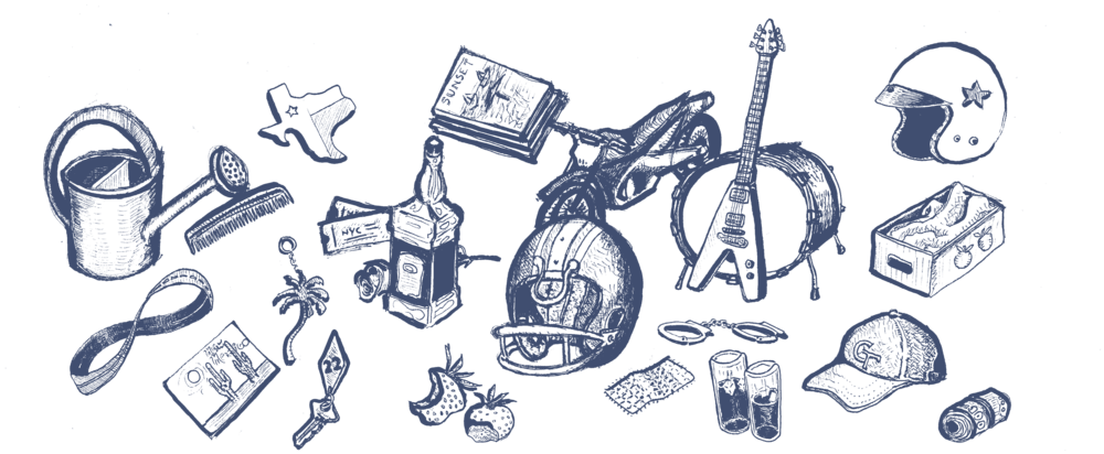 Fan illustration depicting a lyrical element from every song off The Mountain Goats' 2002 album 'All Hail West Texas'