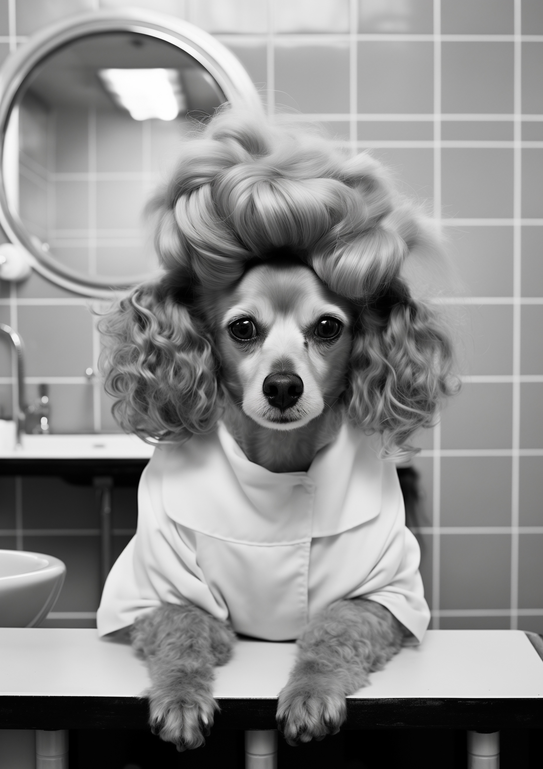 Funny Black and white animal photography with dog hairstyle in bathroom