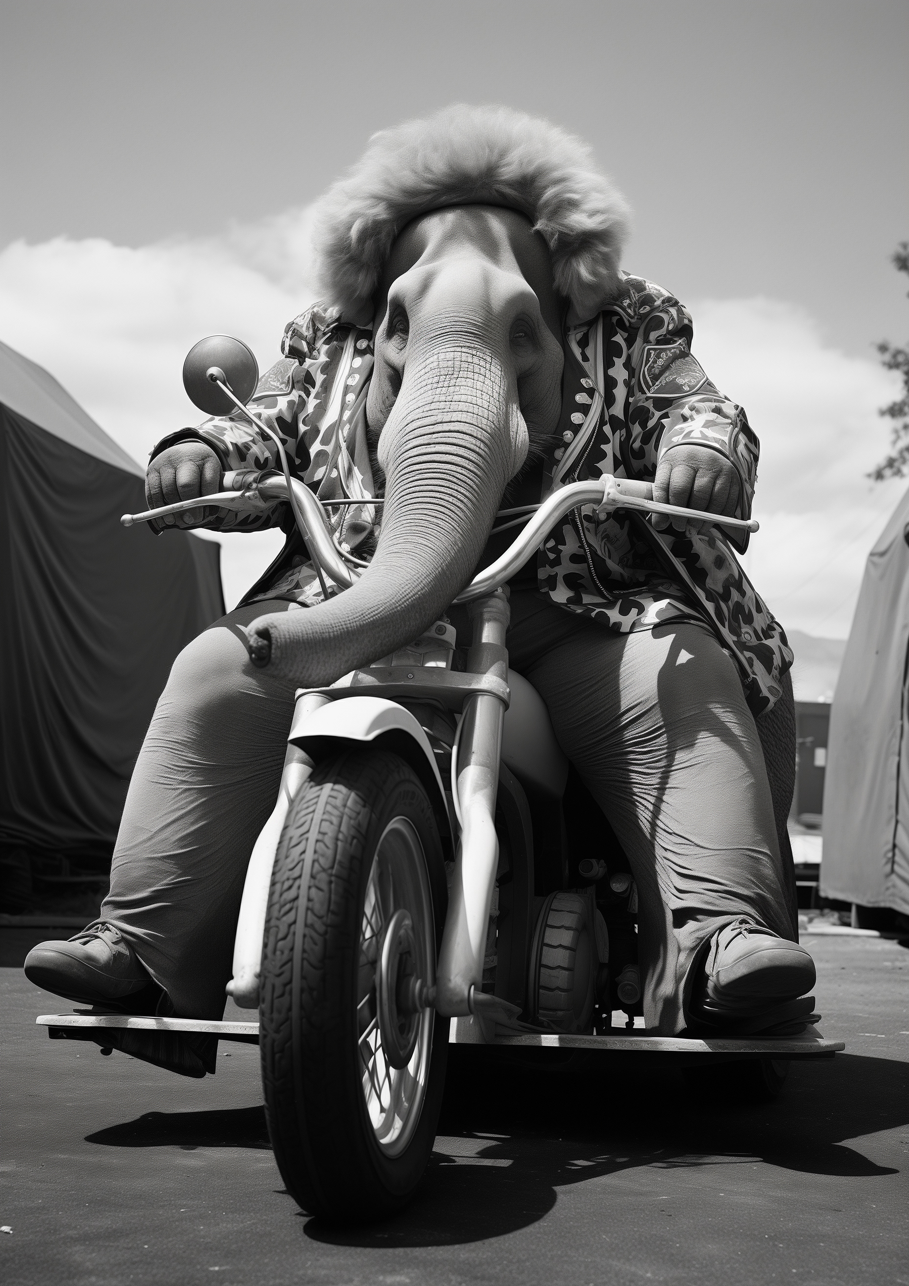 Funny Black and white animal photography with an elephant riding a motorbike